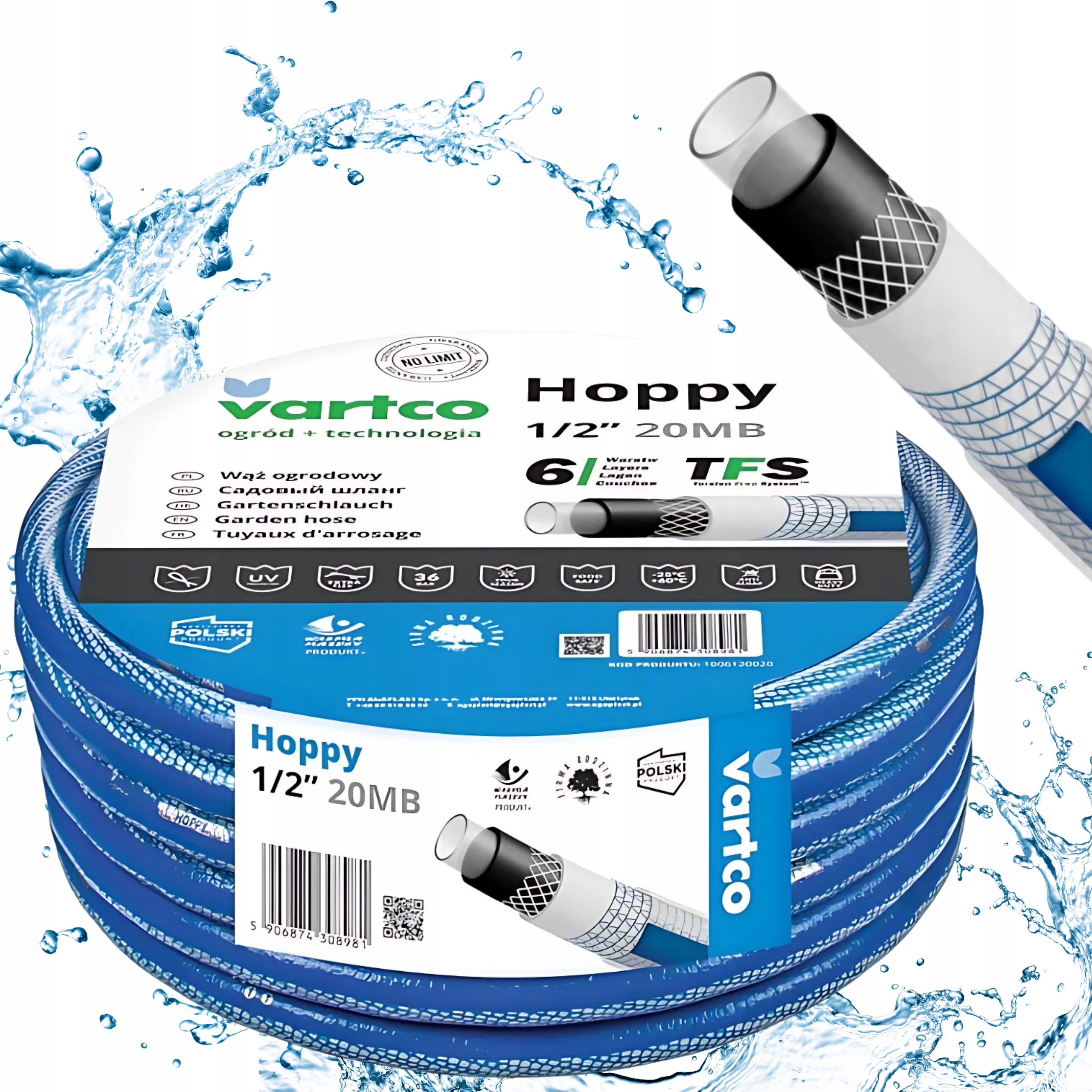 Wąż Ogrodowy Vartco Hoppy 50m 3/4'' Wytrzymały Odporny Cały Rok 6 Warstw