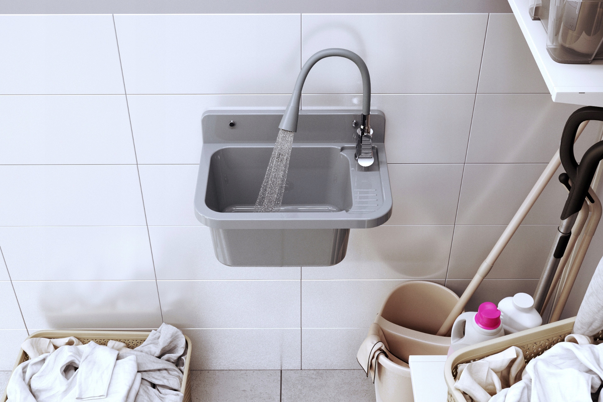 ZLEW GOSPODARCZY SZARY KOMORA TECHNICZNA BATERIA Z ELASTYCZNĄ WYLEWKĄ PARON Marka Granitan