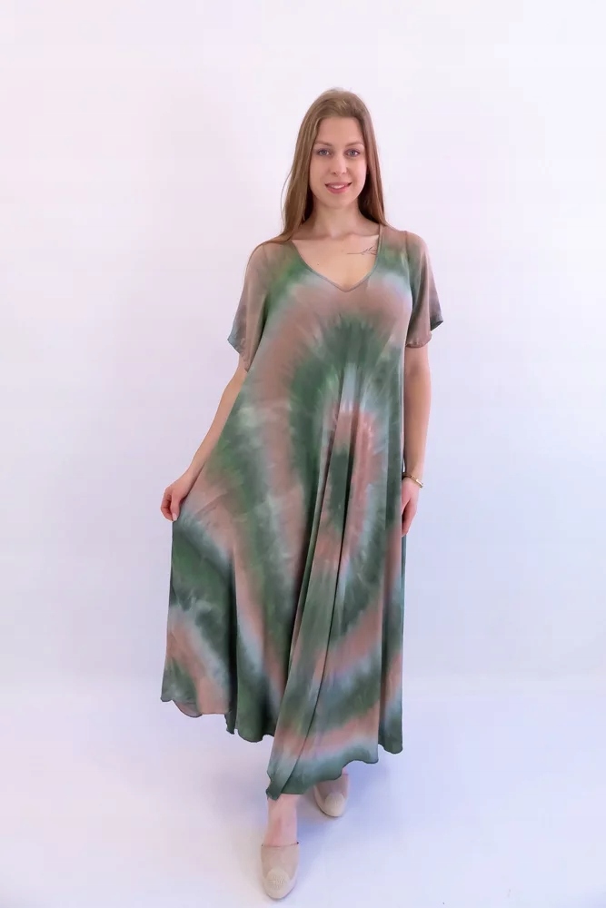 Šaty Maxi Tie-dye s krátkým rukávem Zeleno-cihlová Uni