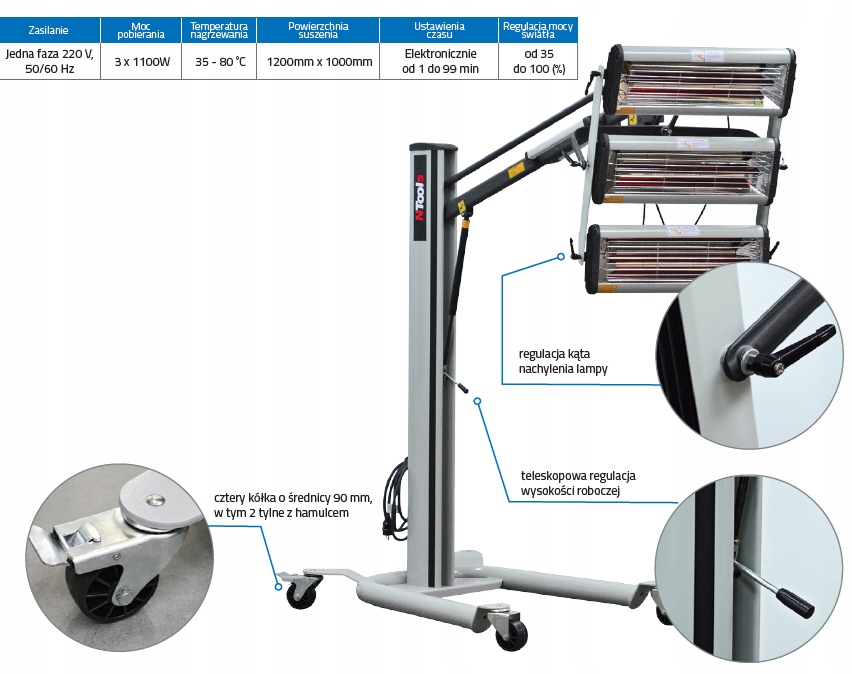 Promiennik z wyłącznikiem czasowym i regulacją mocy 3x1,1kW | Ntools Kod producenta 190281