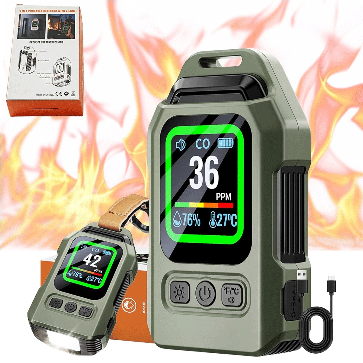 2000 mAh detektor oxidu uhelnatého se 4 světelnými alarmy pro domácnost a auto
