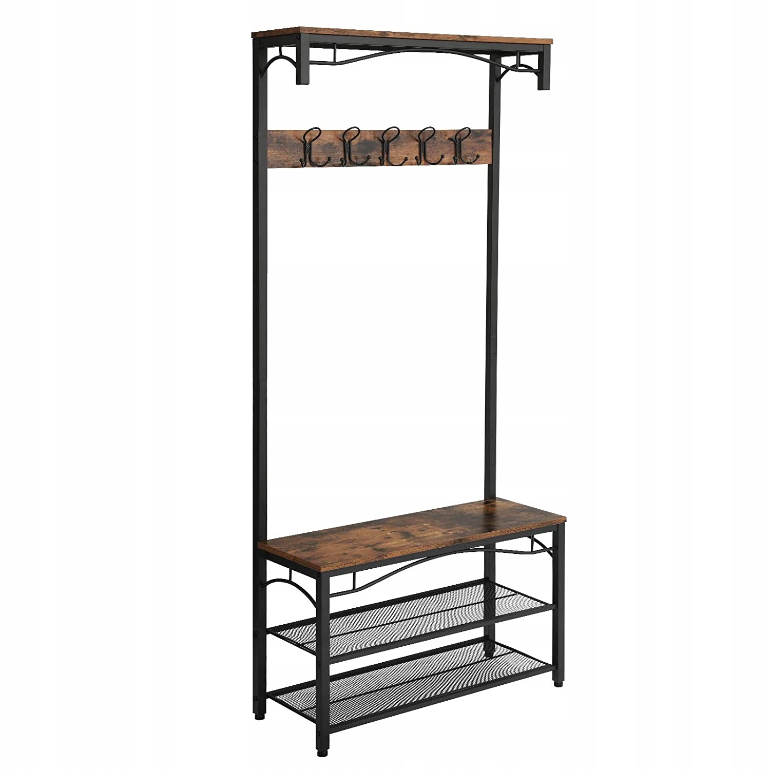 Věšák na oblečení s lavicí na boty, černý, rustikální hnědý