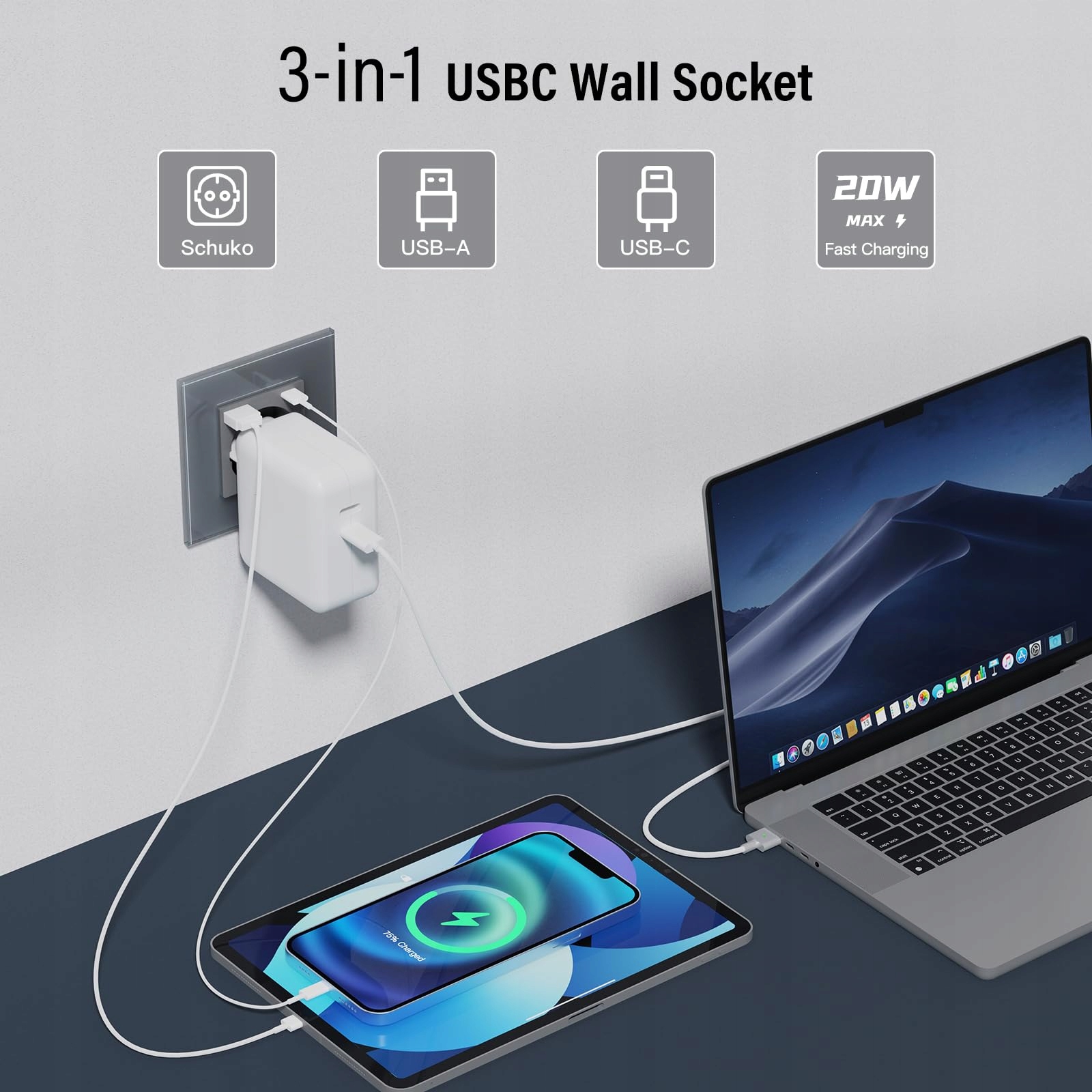 BSEED Gniazdko Schuko USB Typ C Szybkie Ładowanie 20W Szklane Szare — miniatura 2
