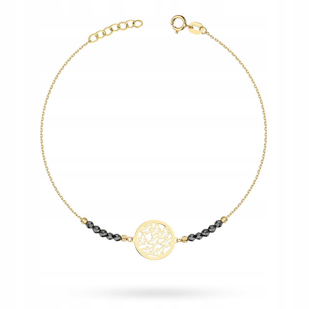 

Złota Bransoletka pr. 585 Hematyt i Ażurowe Koło