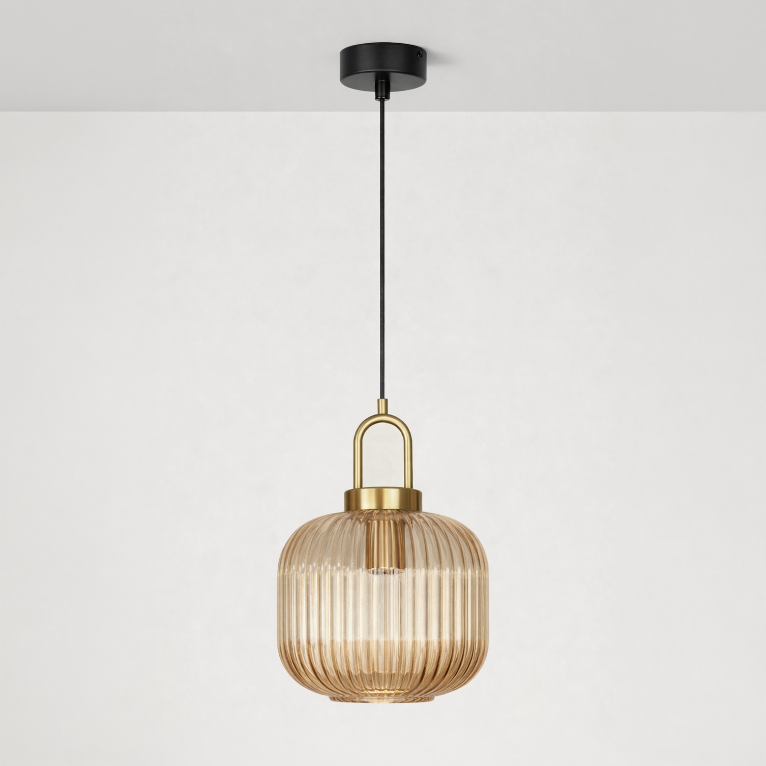 Lampa Wisząca nad stół wyspę Bursztynowa Złota Ryflowana Glamour
