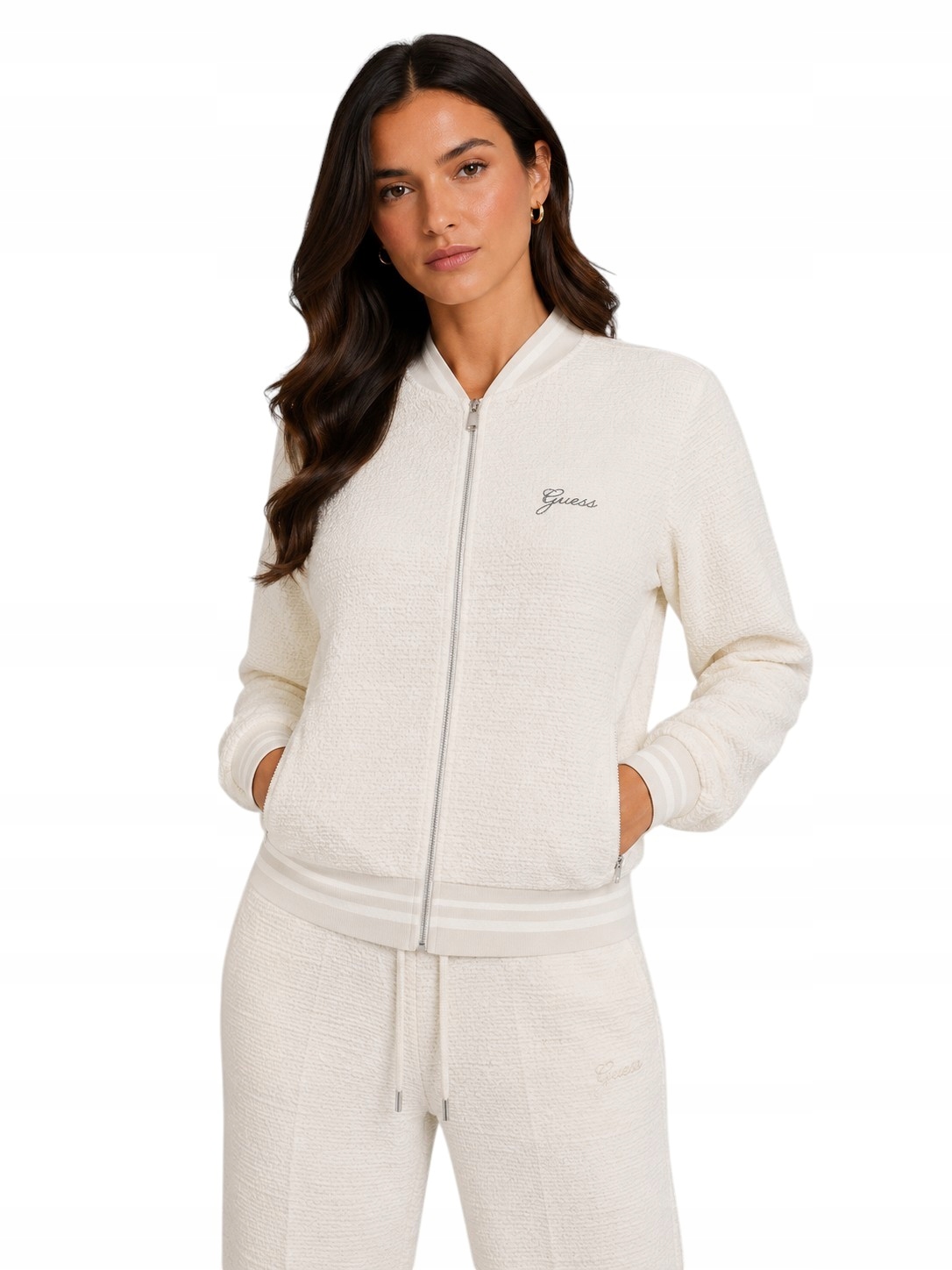 Guess mikina bomber světle krémová, ozdobná jarní nit, stylová, M