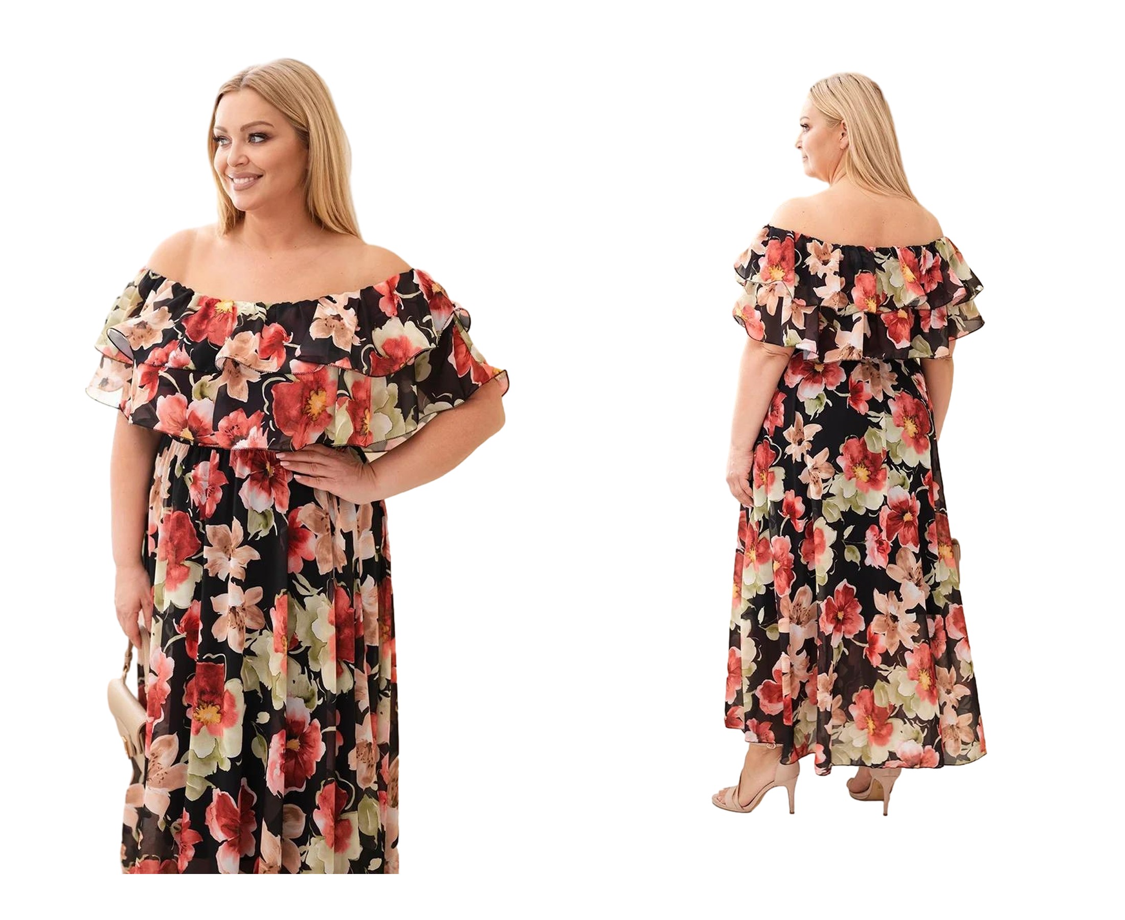Černé šaty dámské šaty Plus Size maxi s volánem