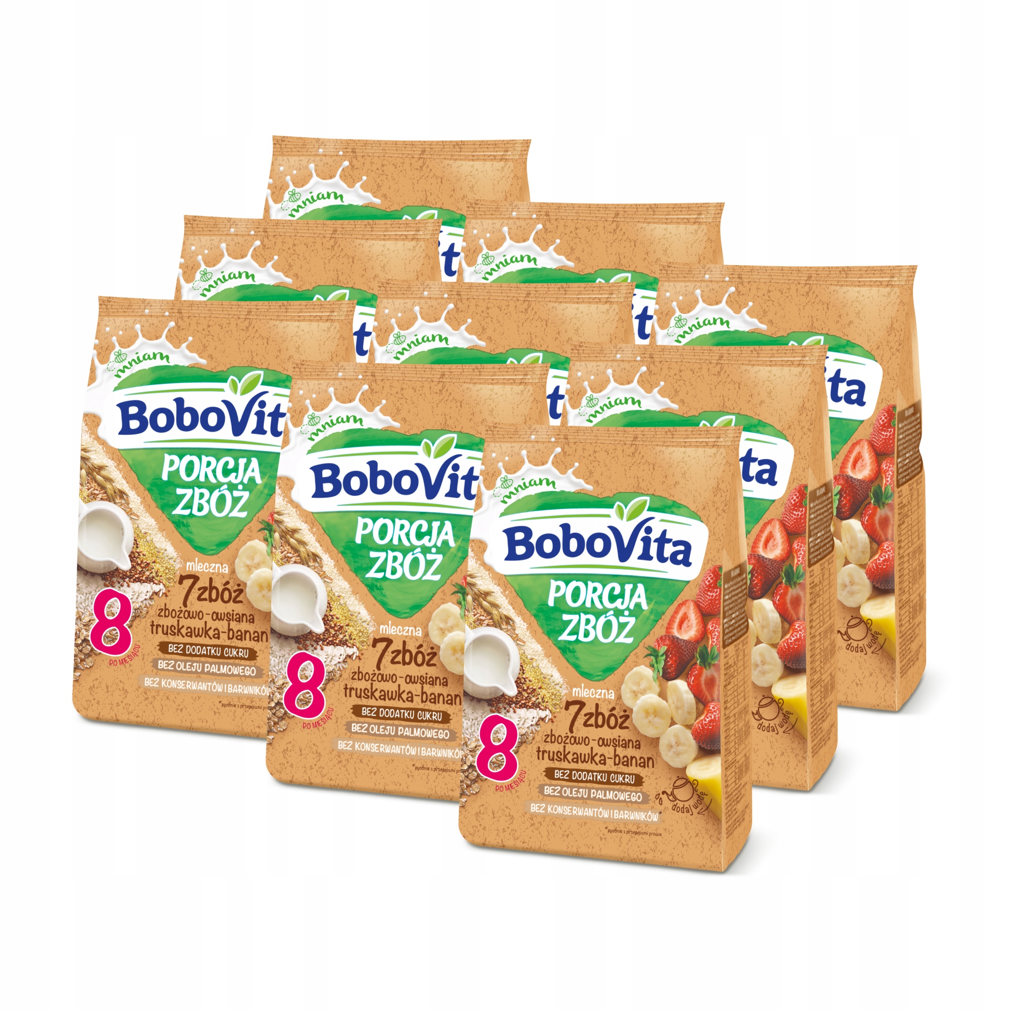 BoboVita Porcja 3 Zbóż Kaszka mlecz malina, truskawka, banan Zestaw 9x210g