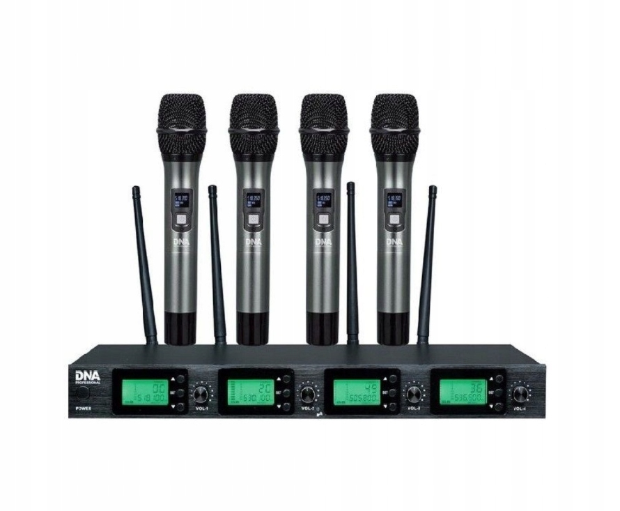 Zestaw bezprzewodowy 4 mikrofony doręczne + odbiornik eventy konferencje Marka DNA