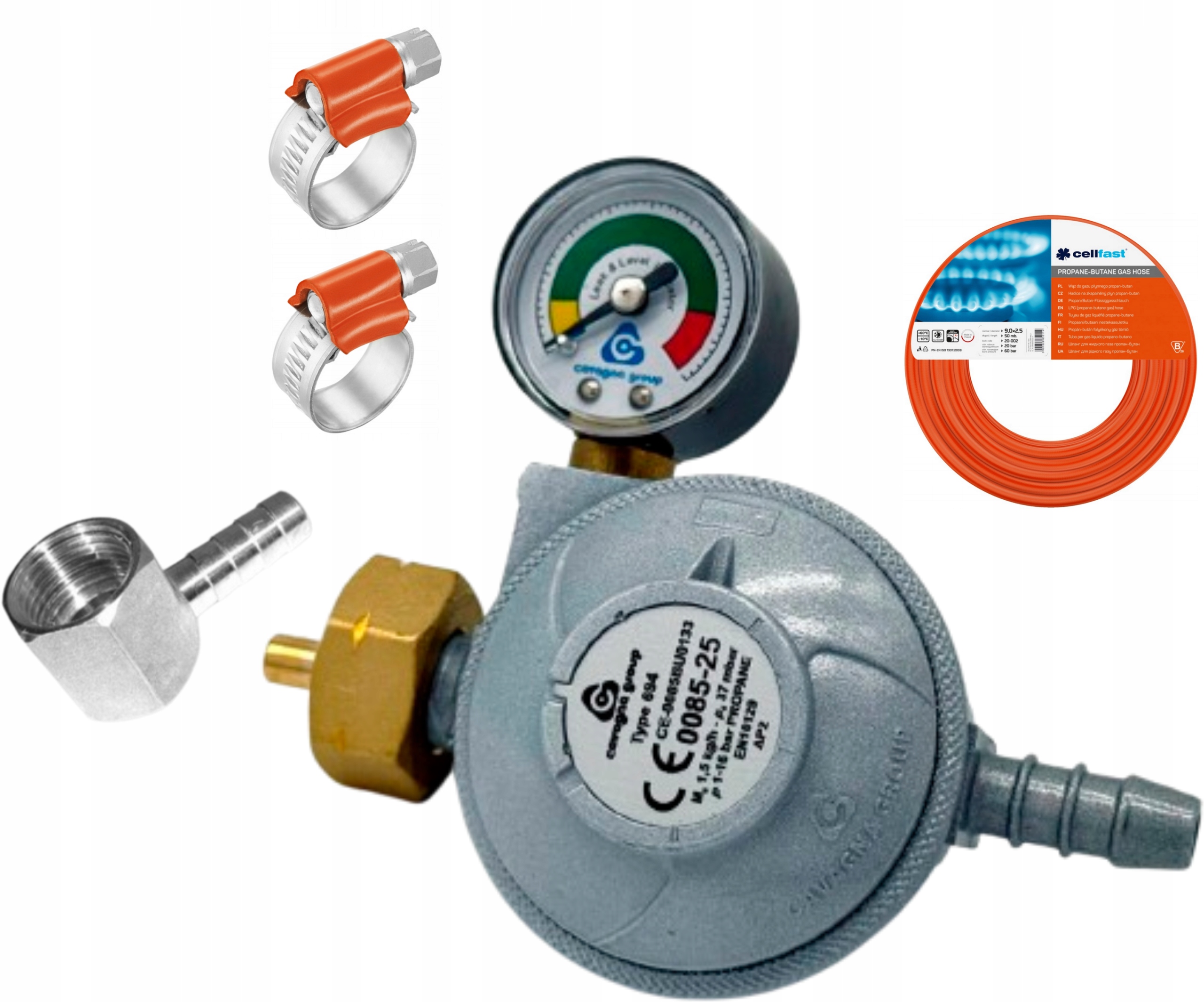 Reduktor do butli 11kg Cavagna Italy z manometrem wąż 2m zestaw