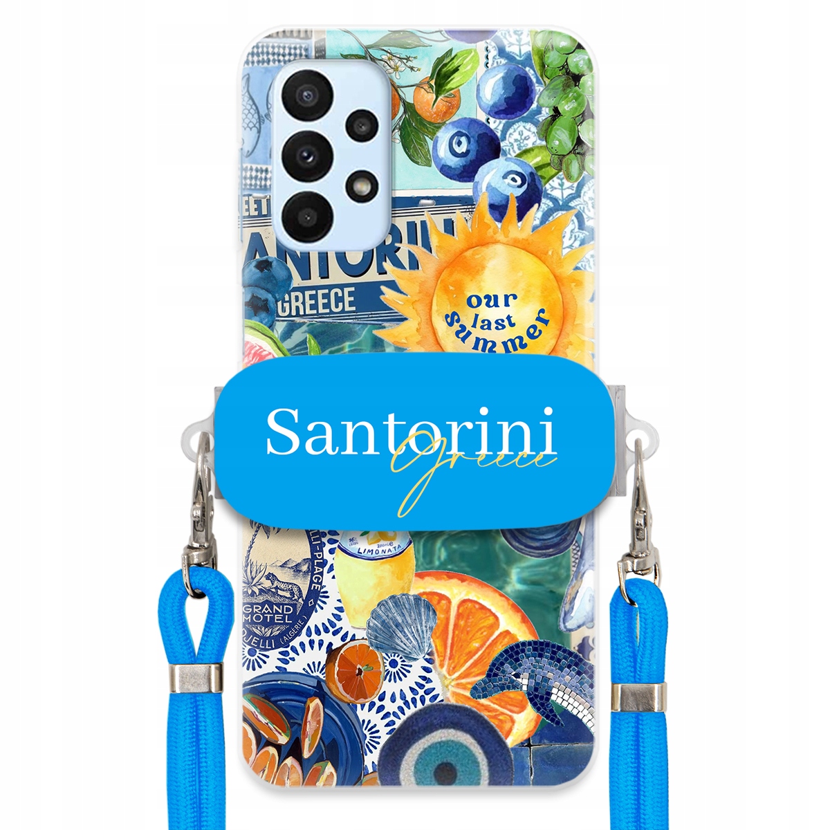 Puzdro pre Samsung A23 5G Modré Crossbody vodítko držiak Santorini Greece