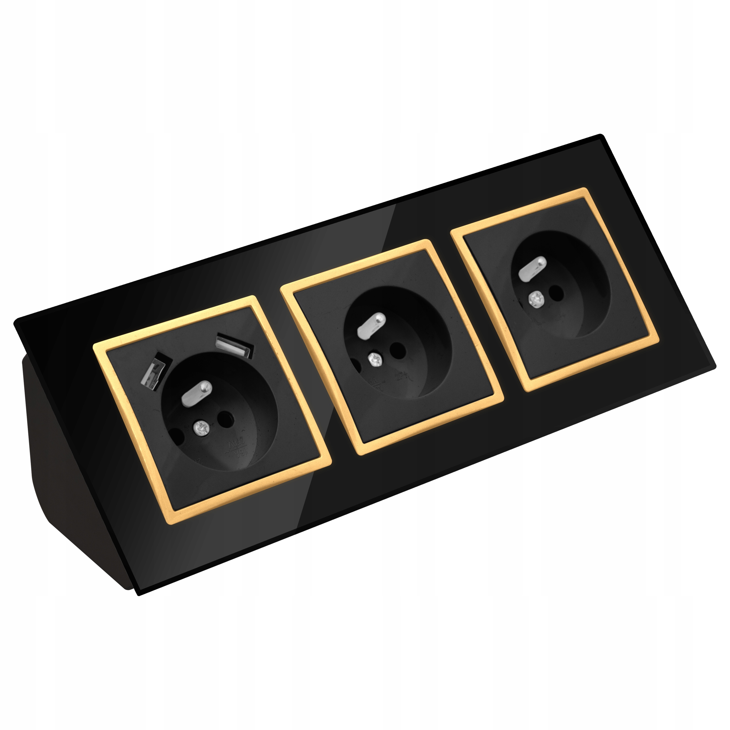 Gniazdo Potrójne Szklane Meblowe Narożne USBX2 Biurkowe Czarne Złote Listwa