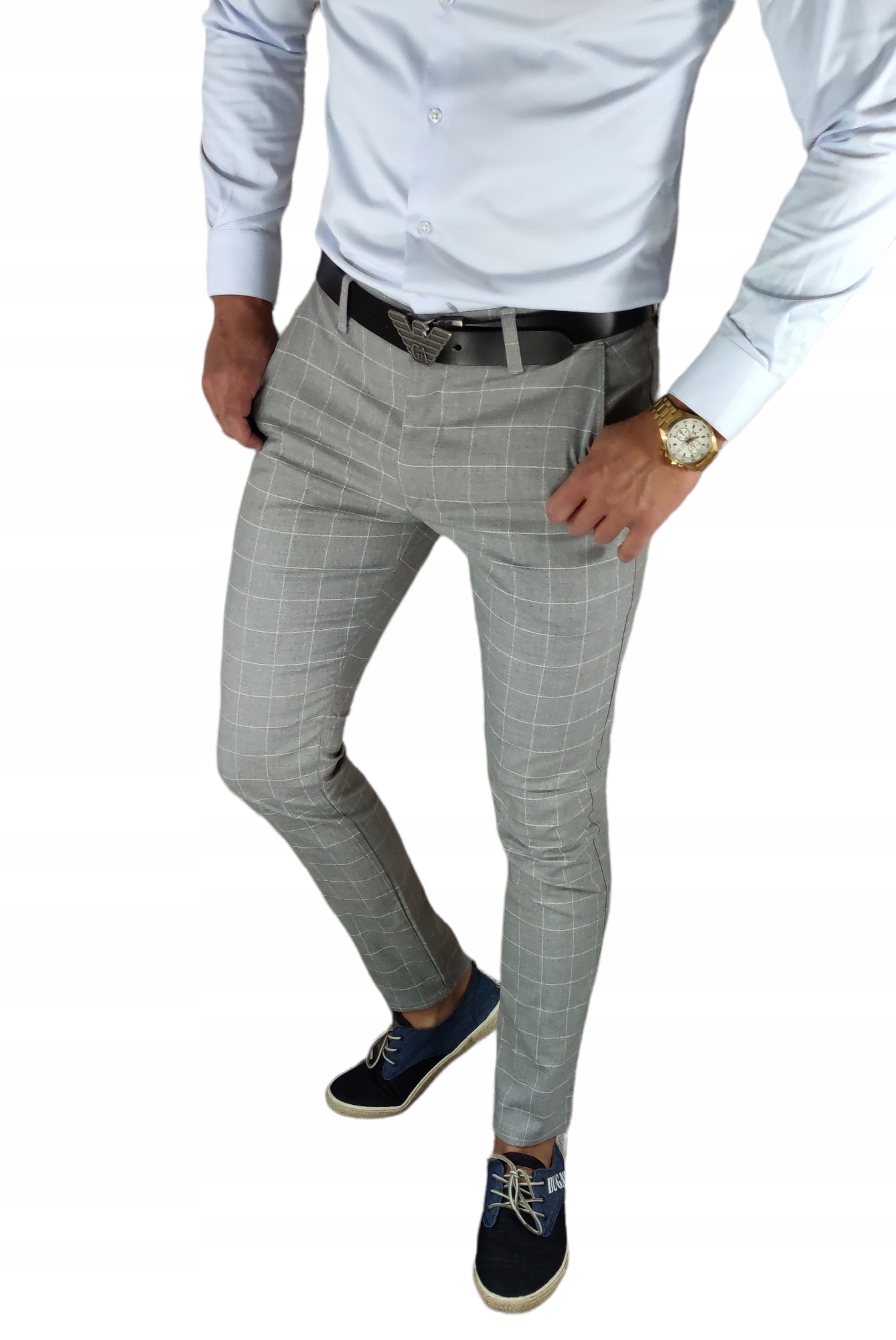 Návštěvní kalhoty slim, šedé, bílá kostkovaná barva VP17 W36