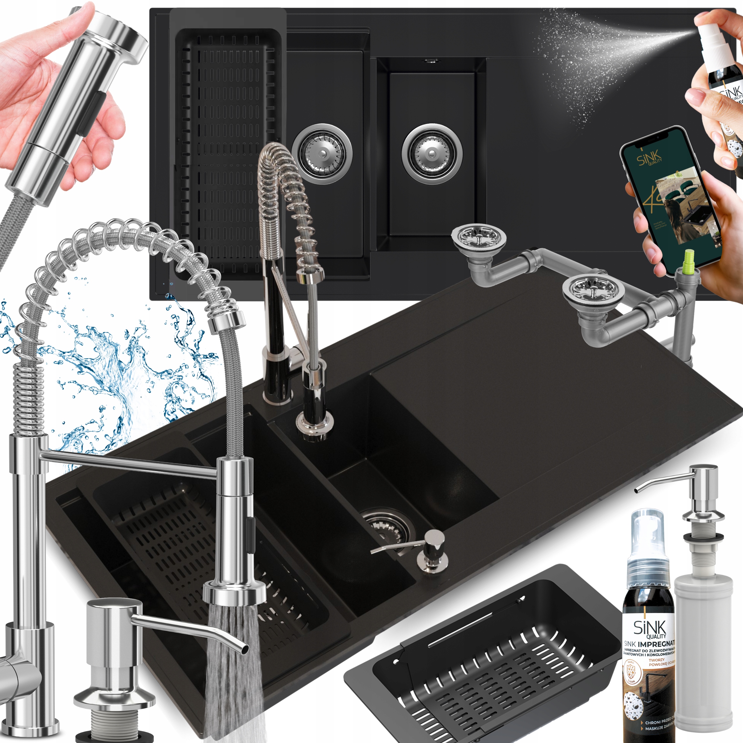 Dvoukomorový Dřez Černý Granitový s Baterií A Flexibilním Výtokem 100