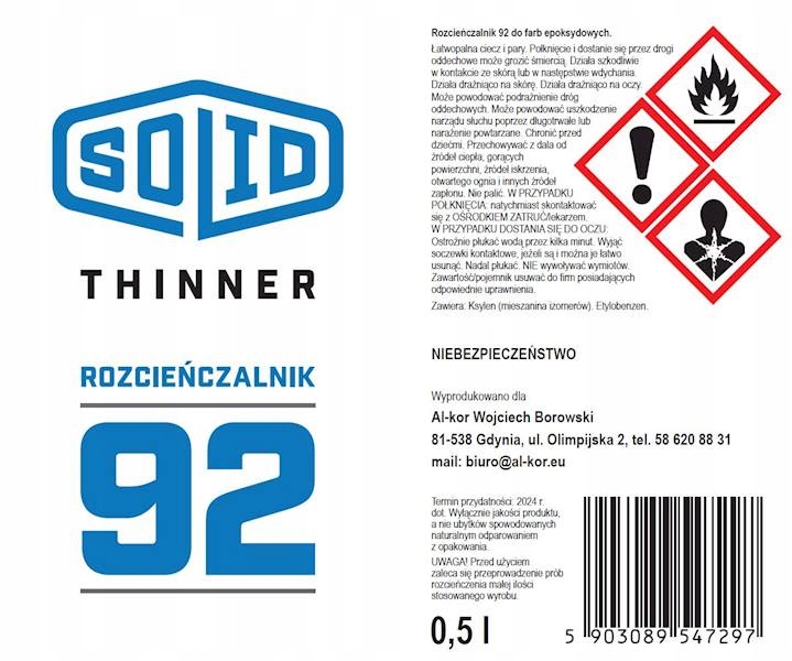Rozcieńczalnik, rozpuszczalnik epoksydowy 92 Solid Thinner 500ml Producent Solid