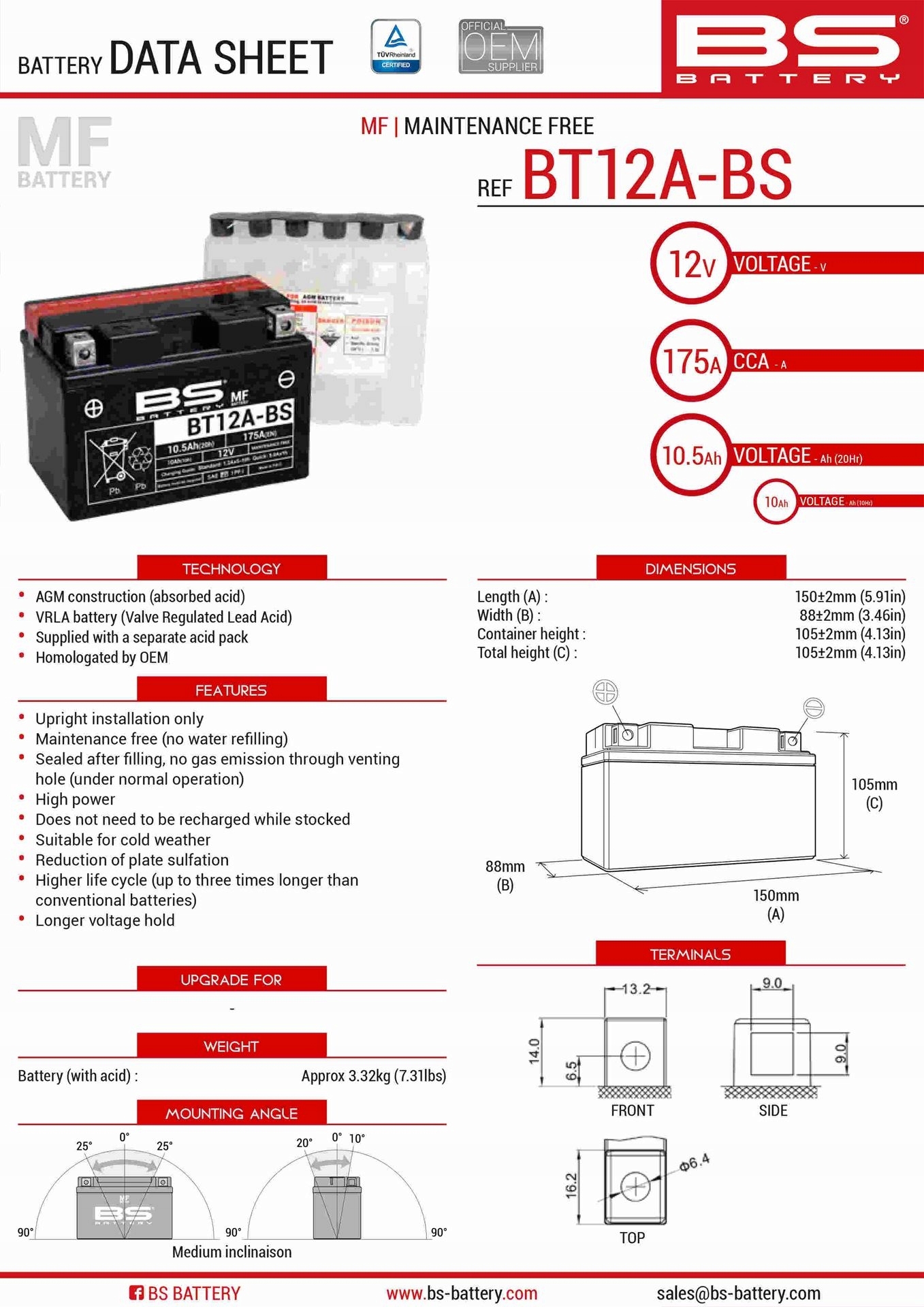 Bs Batéria BT12A-BS (YT12A-BS) 152X88X106 12V 10AH Bezobs Lužný Elektr