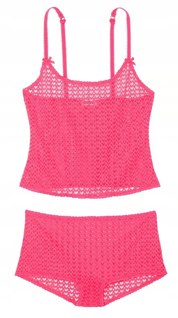 Komplet krajkového topu a šortek Victoria's Secret Pink růžové srdíčka S
