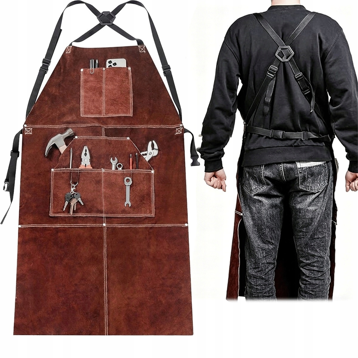 Kožená zástěra s 5 kapsami a nastavitelnými ramenními popruhy pro elektrického truhláře