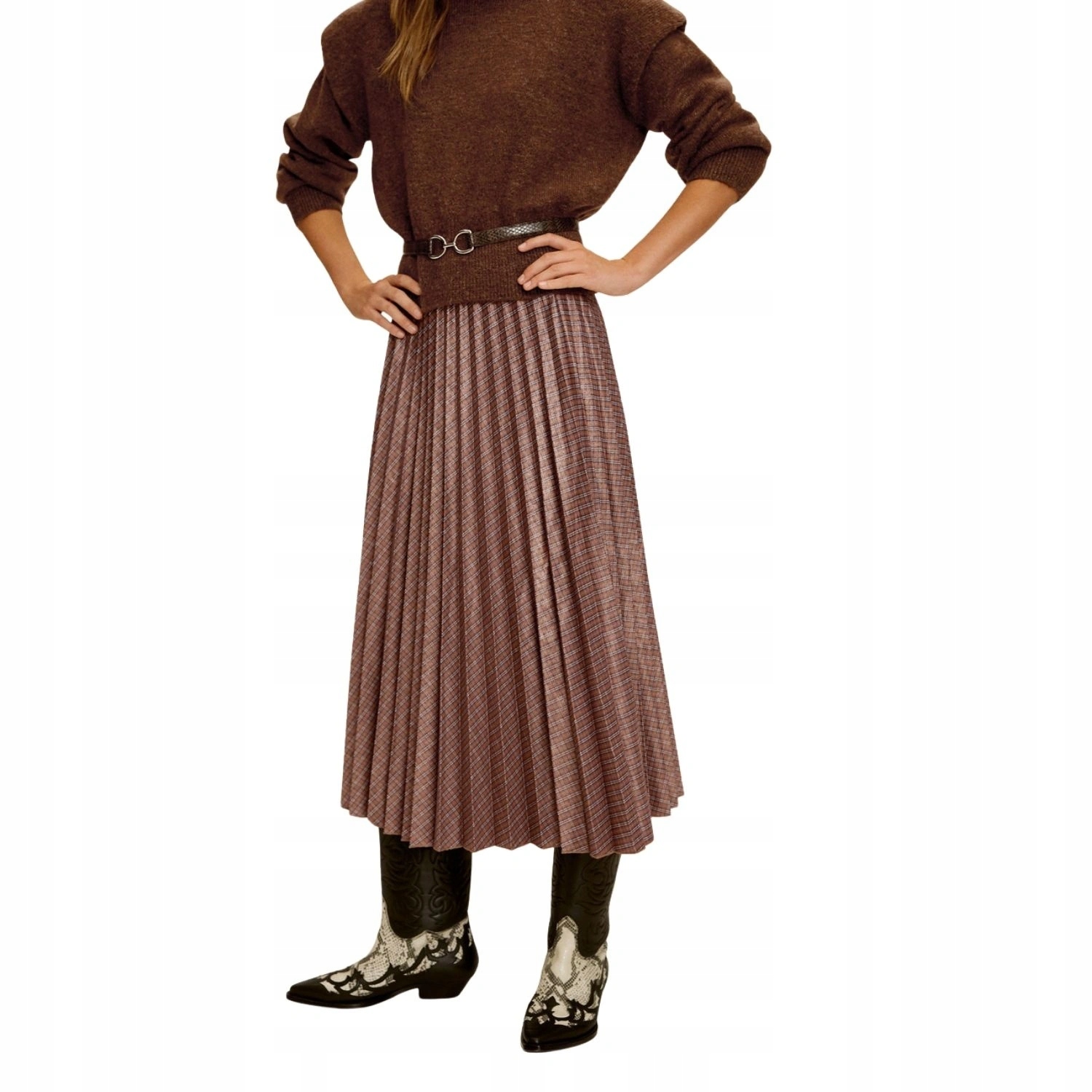 Sukně Mango hnědá lesklá plisovaná lichoběžníková midi vel. S