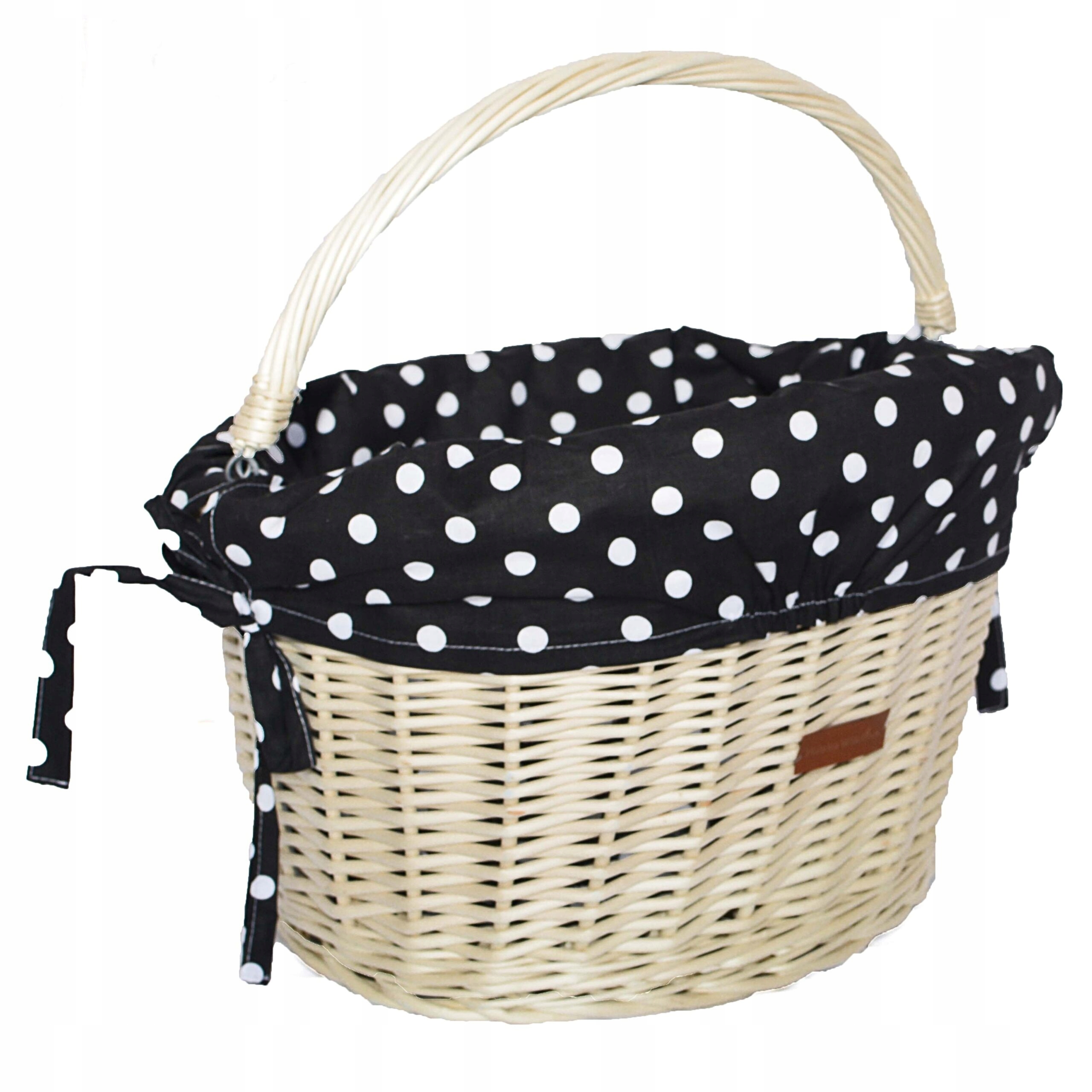Koš na kolo z proutěného materiálu s bělenou vložkou, černý, puntíky
