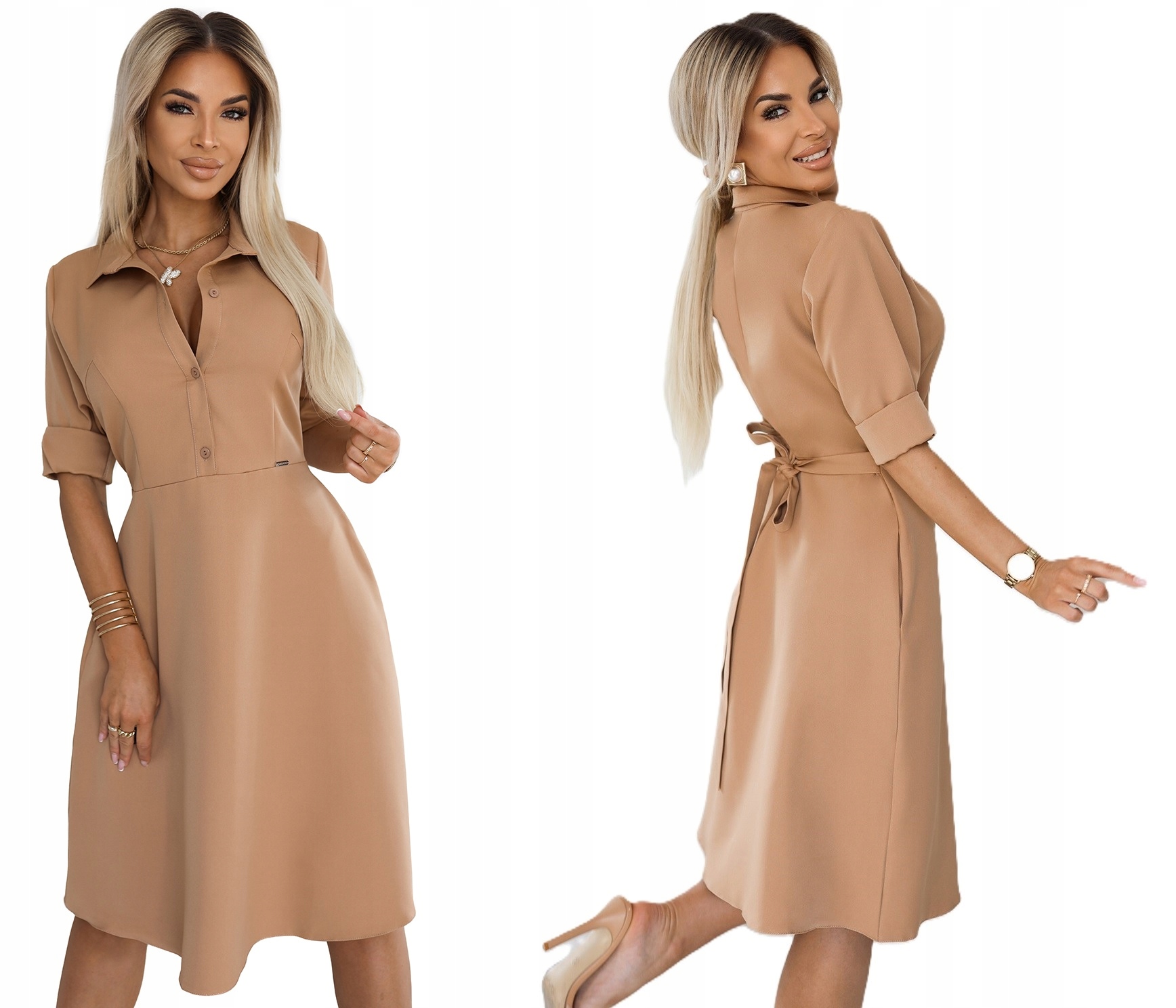 Rozkládací Košilová Šaty S Knoflíky A Límcem Mocha Mousse L