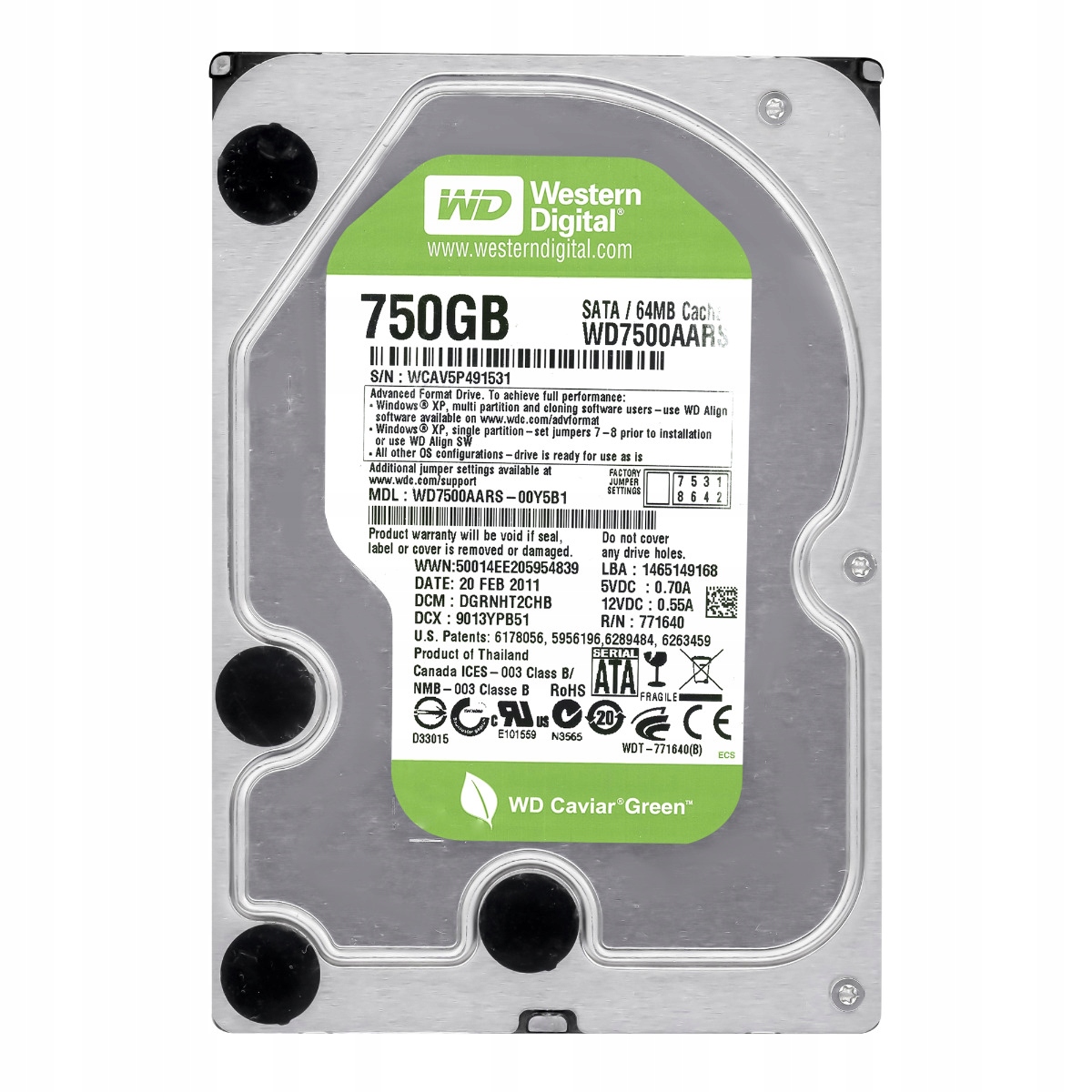 Wd Green 750GB 5.4k 64MB Sata II 3.5'' WD7500AARS