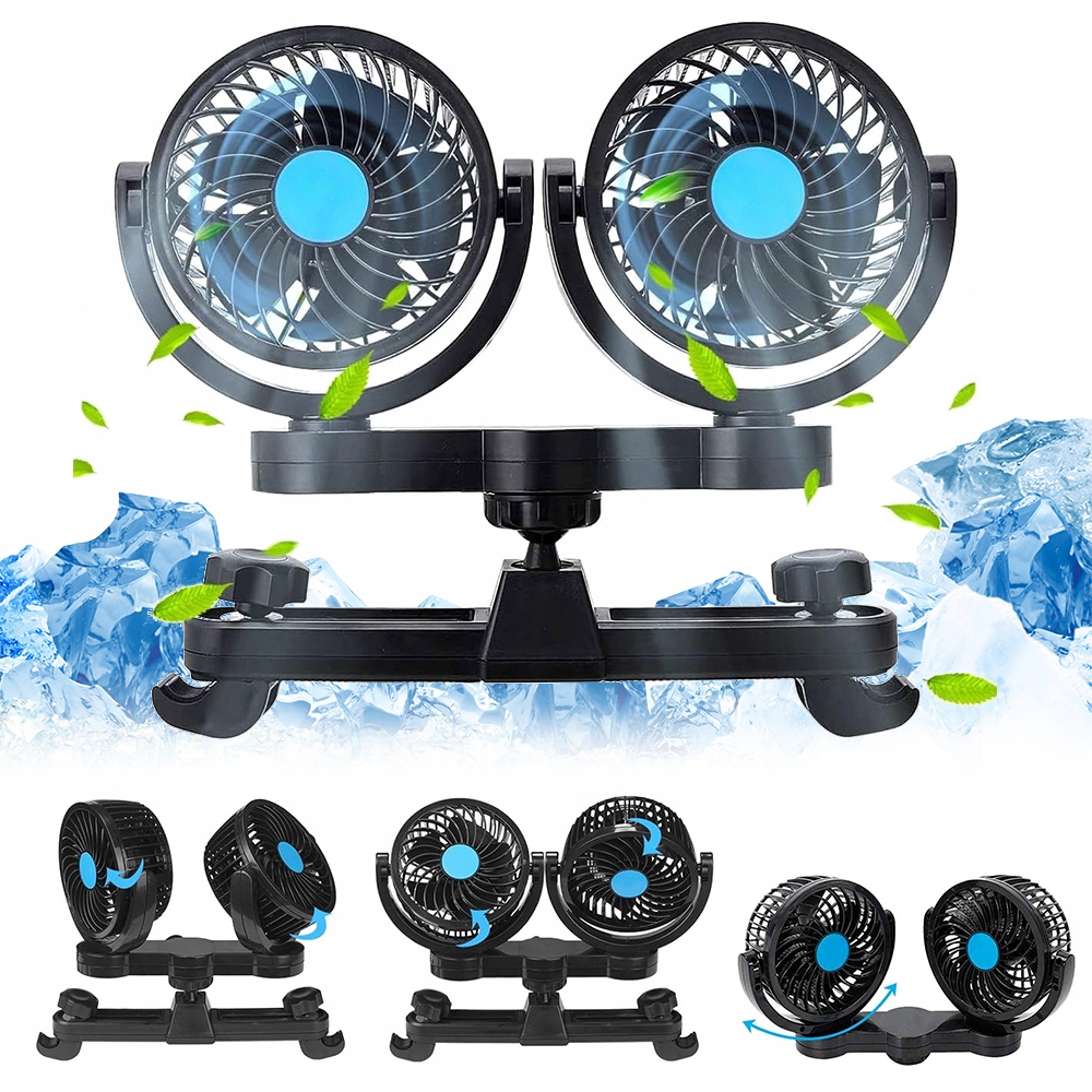 Ventilátor do auta dvojitý 12V otočný o 360° výkonný do zapalovače