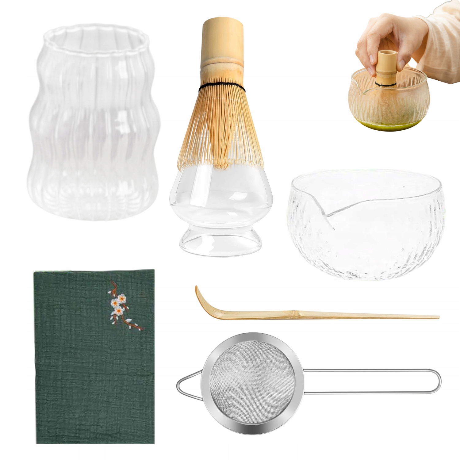 Levně Sada Na Čaj Matcha Skleněná Šálek Metla Podstavec Lžička Síto