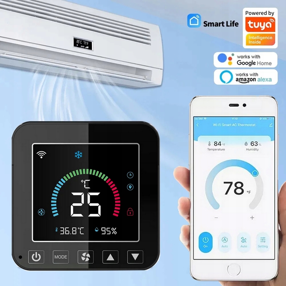 UNIVERZÁLNÍ OVLADAČ DÁLKOVÉHO OVLÁDÁNÍ KLIMATIZACE TUYA WiFi IR TEPLOTA LCD Další funkce propojení s bluetooth propojení s wifi displej