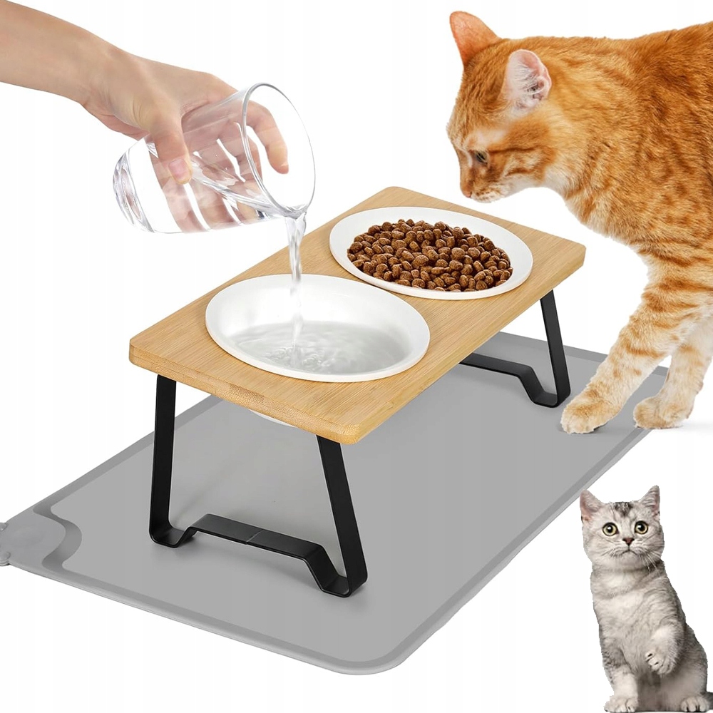 Bambusový Stojan Pro Krmení Kočky Psa 2 Keramické Misky 15°