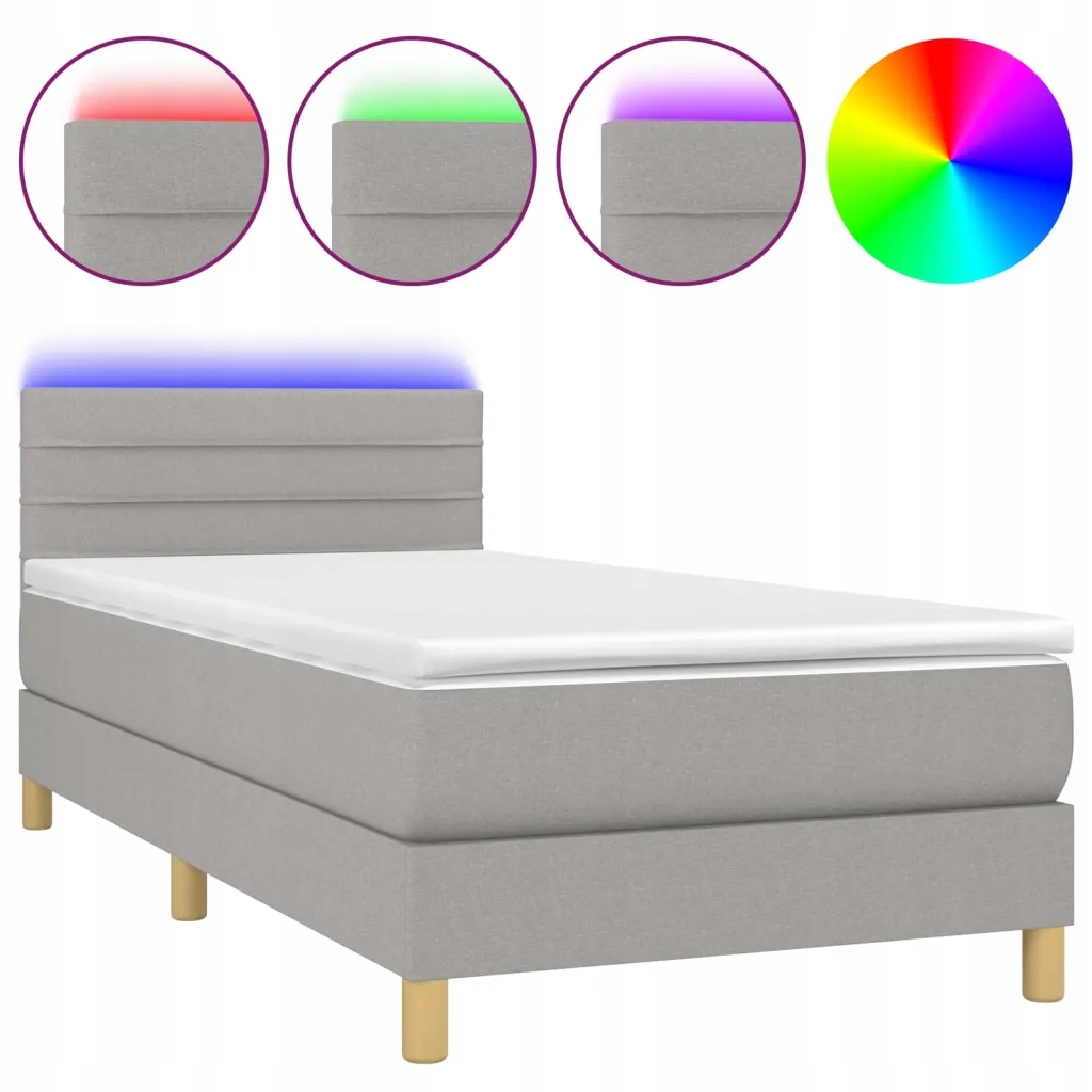 Kontinentální postel s matrací a Led diodami, světle šedá, 203 x 90 x 78/88