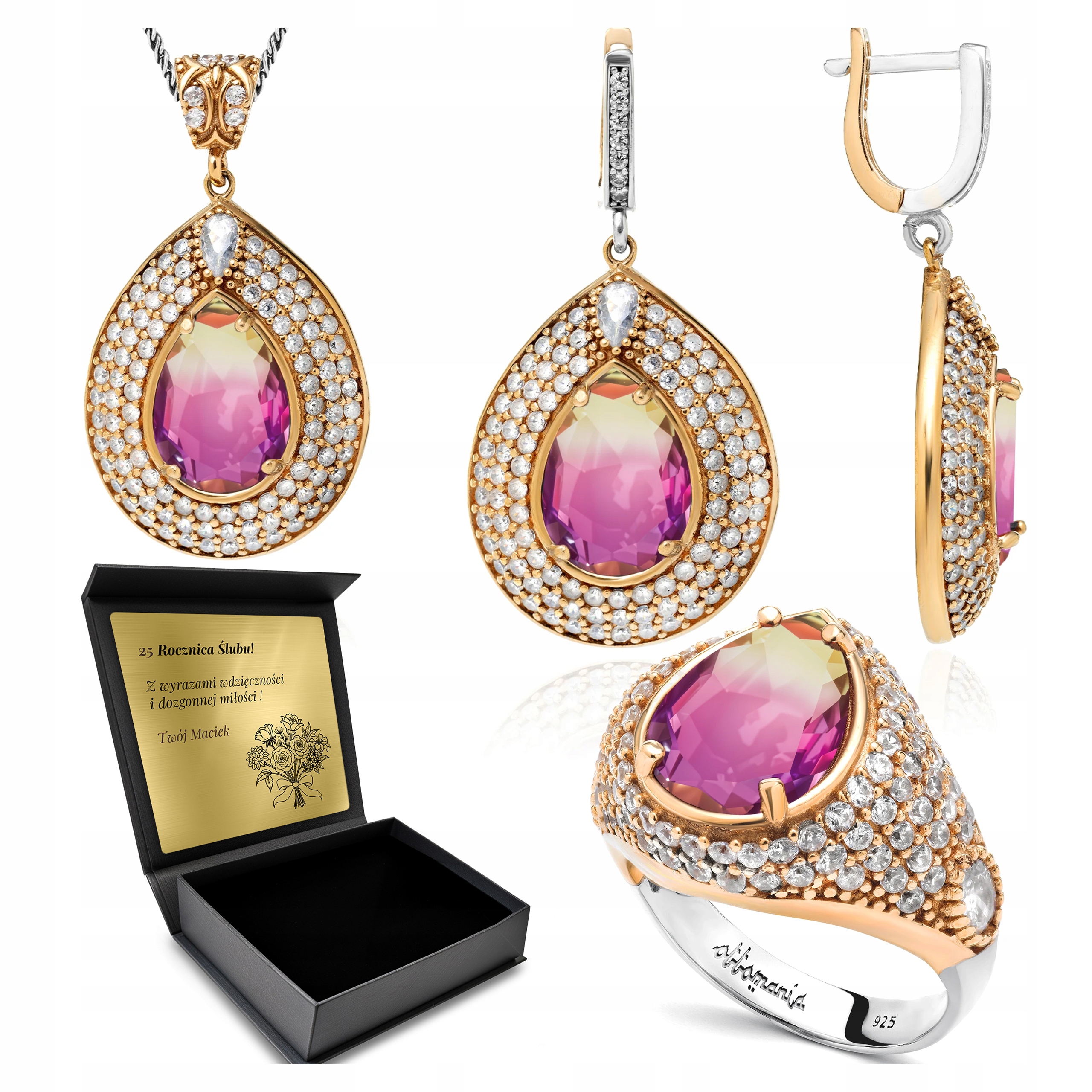 Sada Stříbrných Šperků 925 Zirkony Ametryn Set Pro Ženu Gravírování