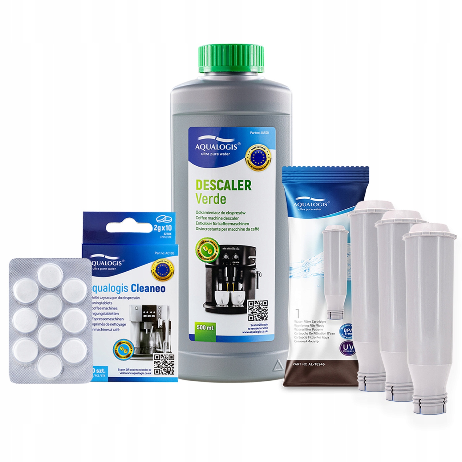 3x Filtr vody AL-TES46 pro kávovar Bosch kapalina Verde 0,5L tablety Cleaneo