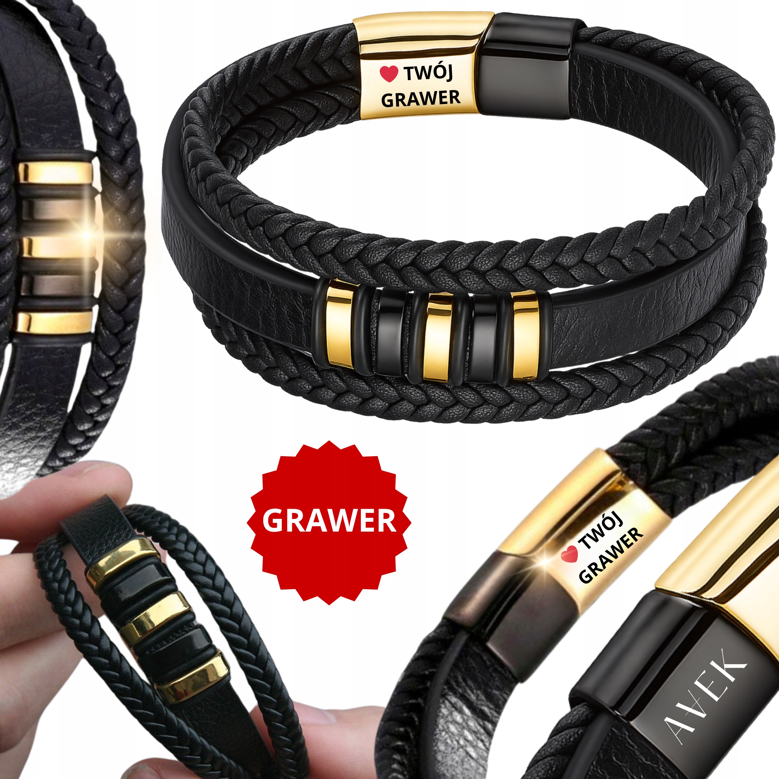 Pánský Kožený Náramek S Gravírováním Gravírování Černý Zlatý Z Kůže 21 CM