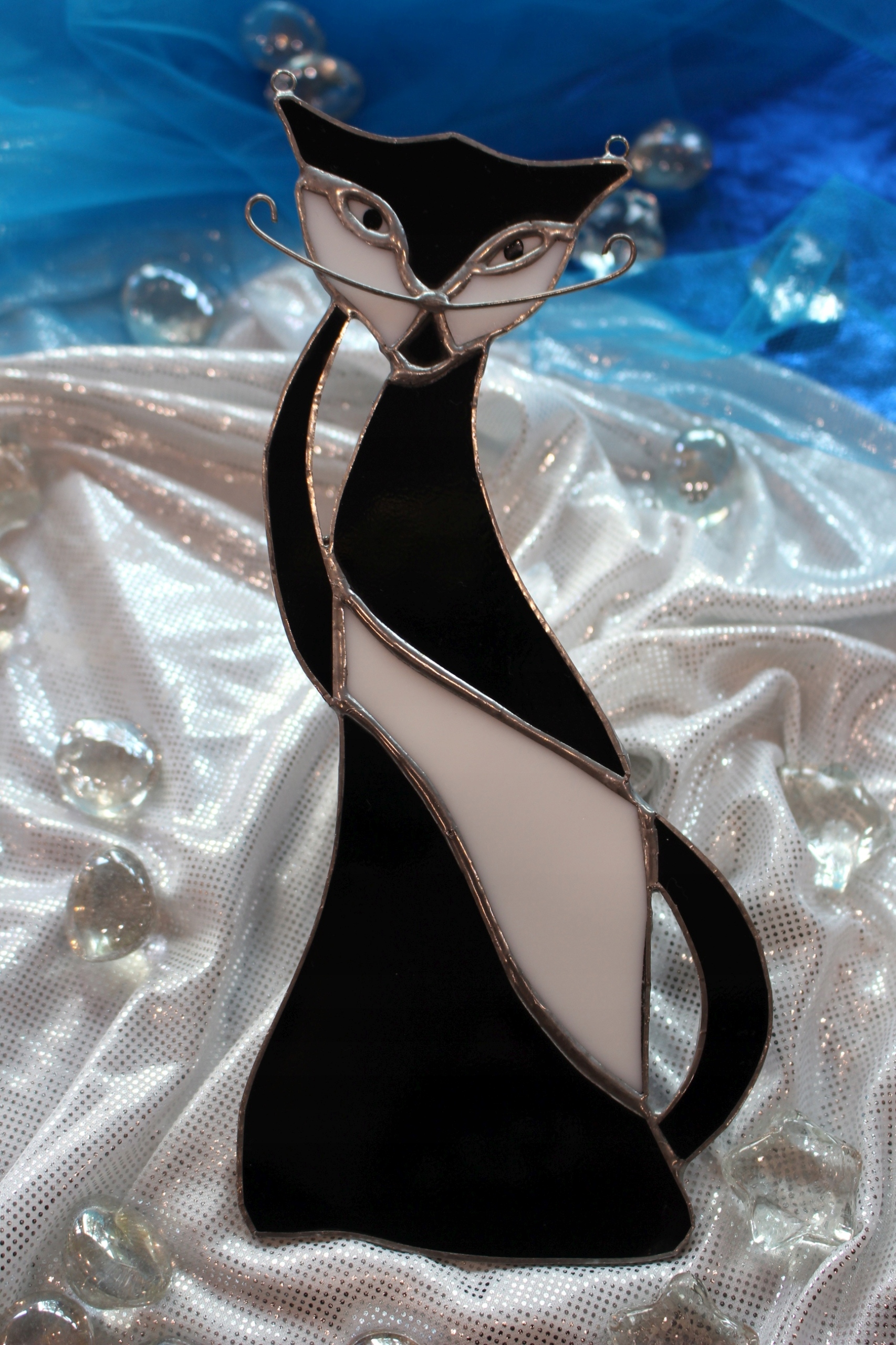 Kočka černobílá závěsná vitráž, Tiffany dárek