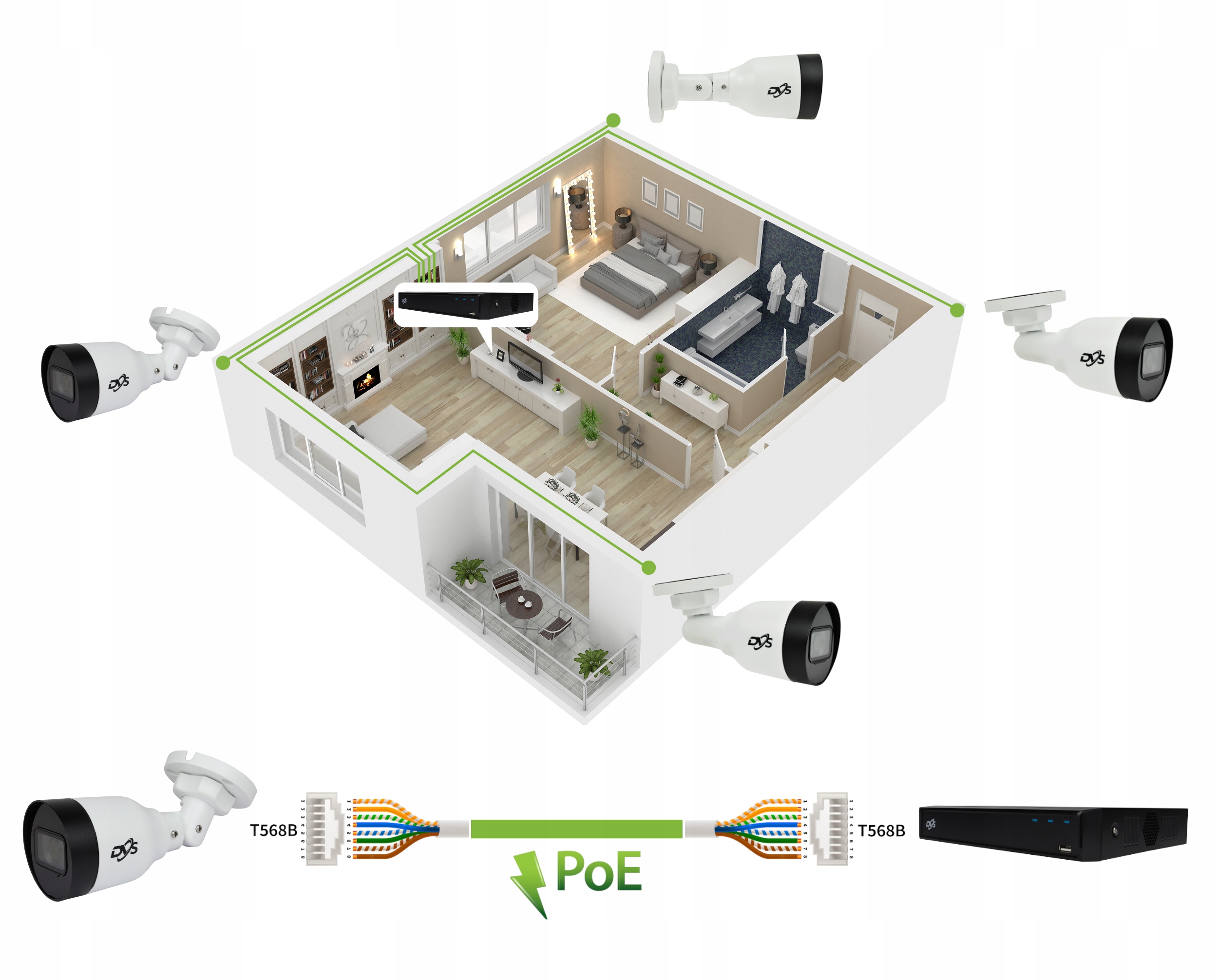 ZESTAW MONITORINGU 4 KAMERY IP CZARNE 8Mpx 4K PoE Marka DVS