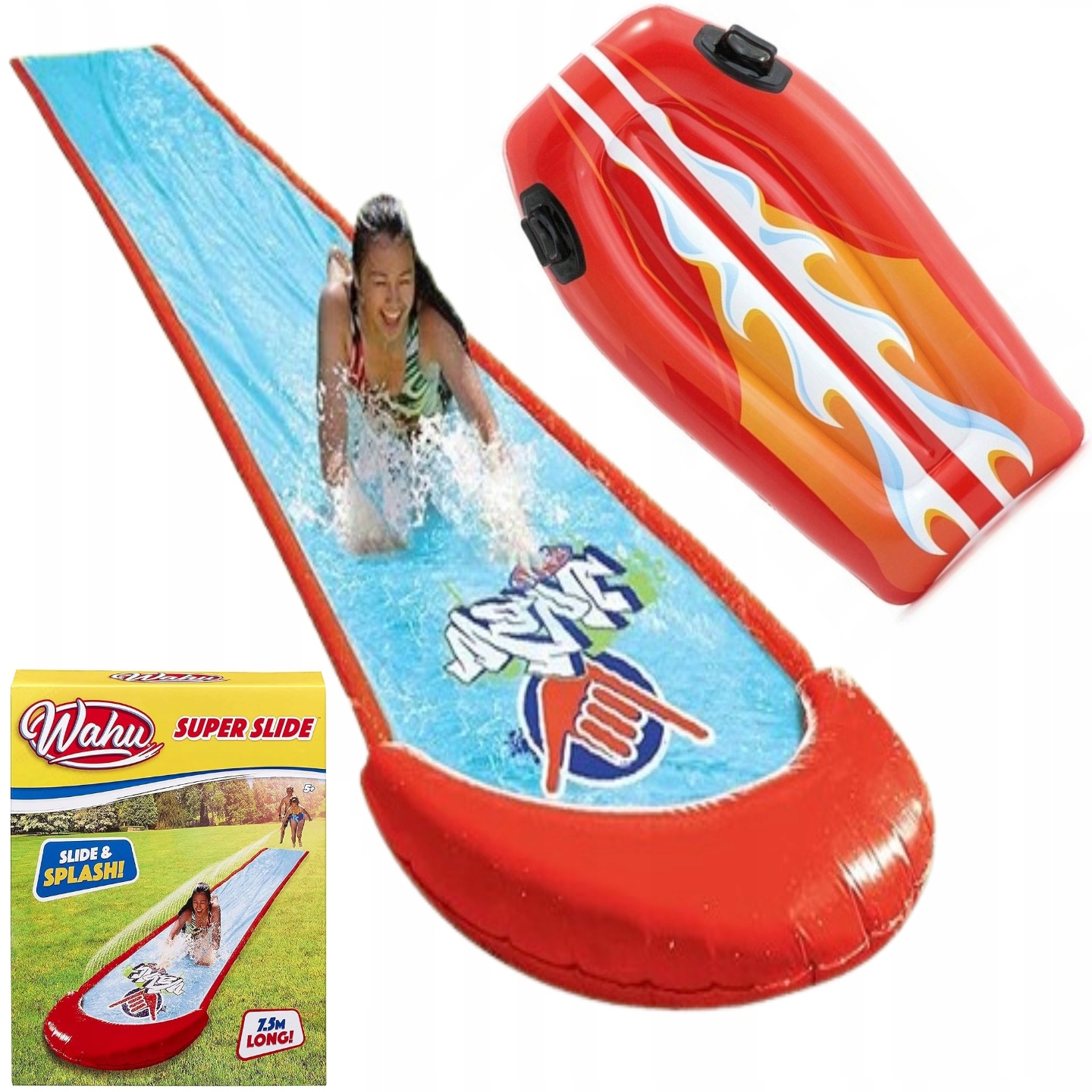 ŚLIZG WODNY ŚLIZGAWKA ZJEŻDŻALNIA DLA DZIECI TOR 7,5M DUŻY NATRYSK + DESKA