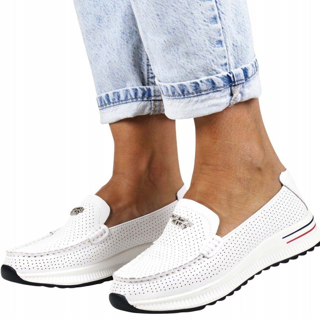 Dámské Kožené Mokasíny, Pohodlné Nazouvací Polobotky, Děrované, Bílé 38