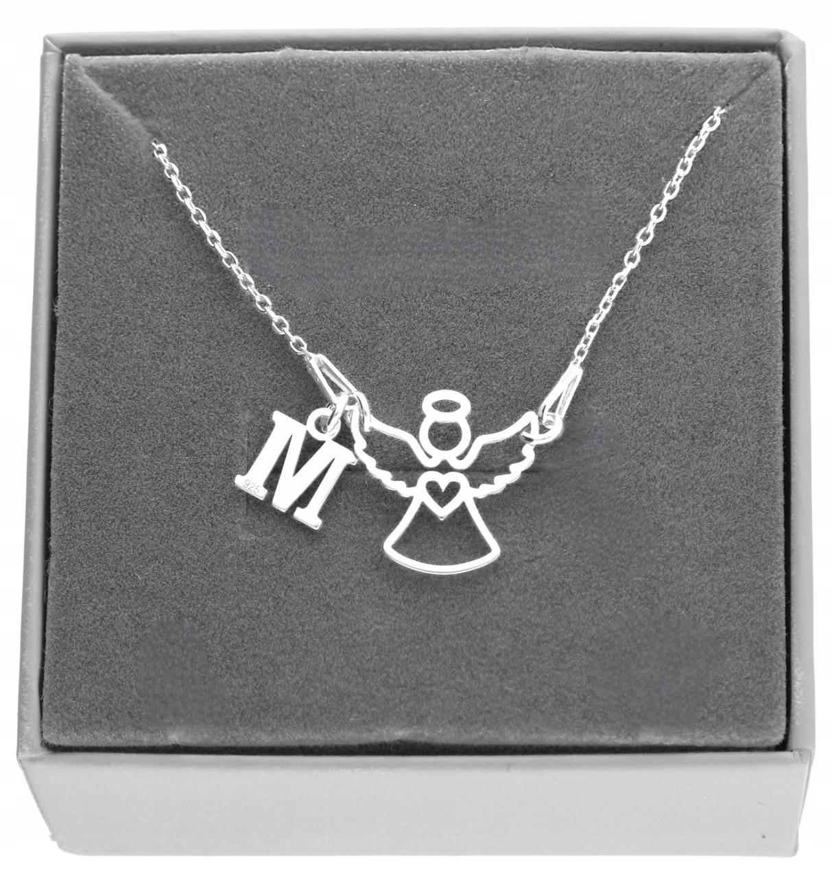 Srebrny naszyjnik aniołek z aniołkiem litera Literka Pudełko Srebro 925