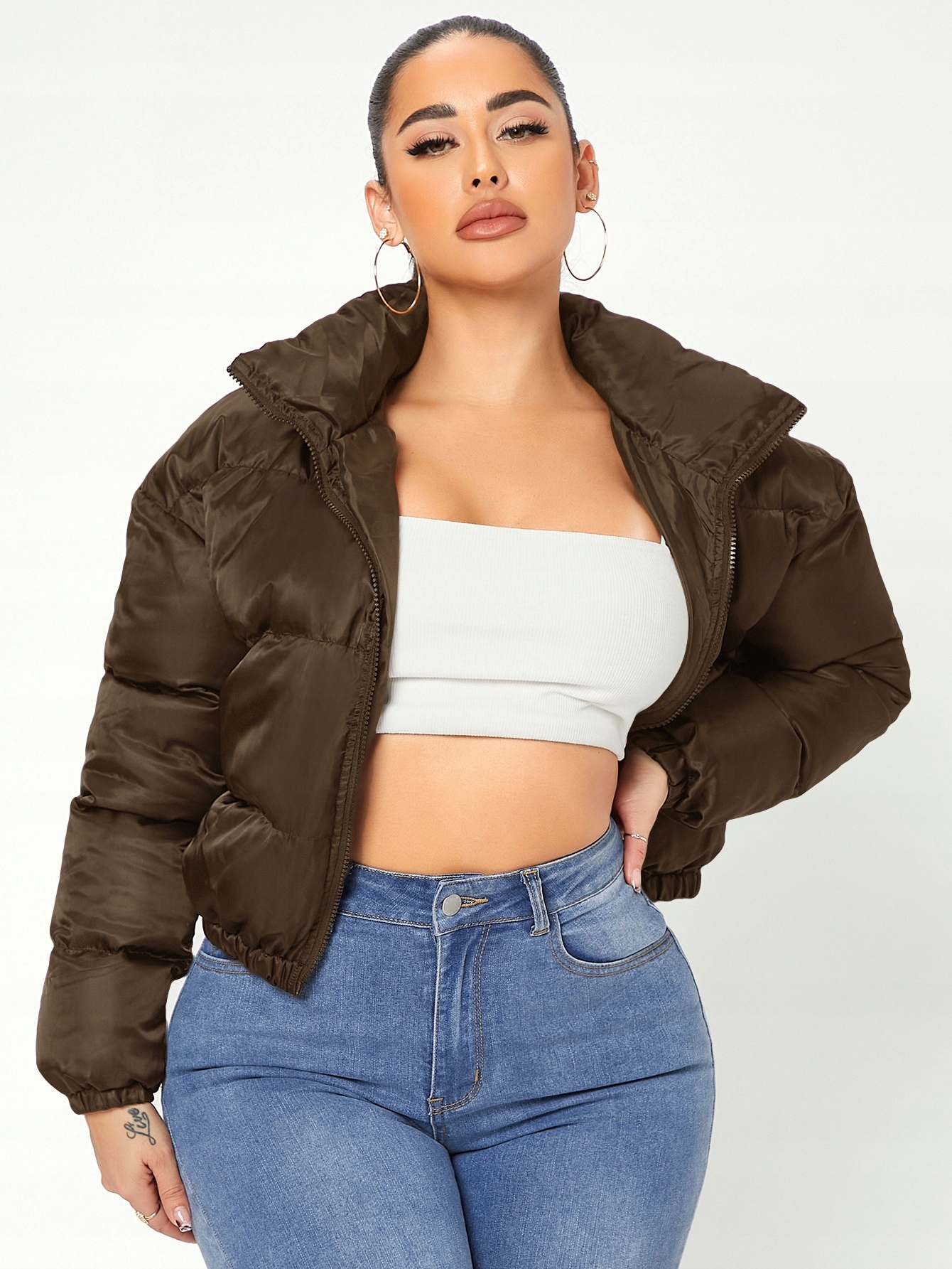 Dámská krátká péřová bunda Bez Kapuce hnědá, ležérní, Shein velikost 40