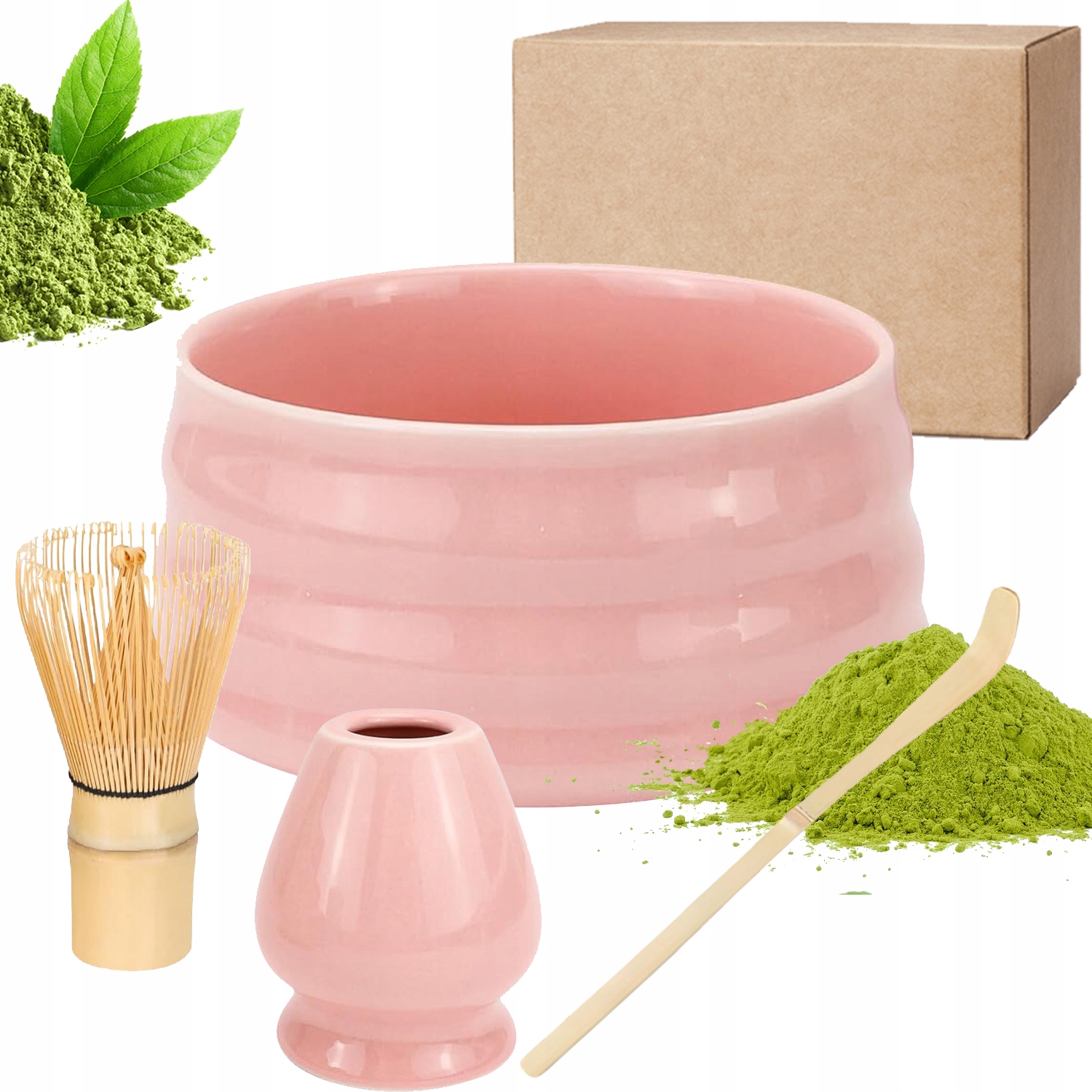 Levně Dárková Sada Na Čaj Matcha Šálek Metla Podstavec Lžička 4V1