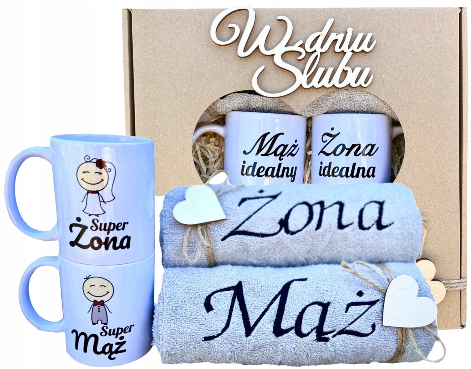 Prezent na Ślub GRUBE Ręczniki HAFT Kubki Mąż Żona