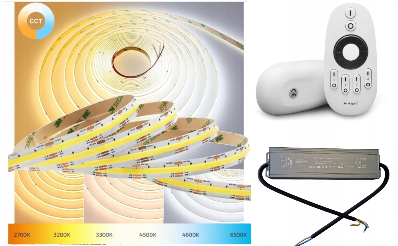 Sada Led Cob Cct 2700-6500K 24V 16W/m IP20 Sada Ovládač Napájací adaptér