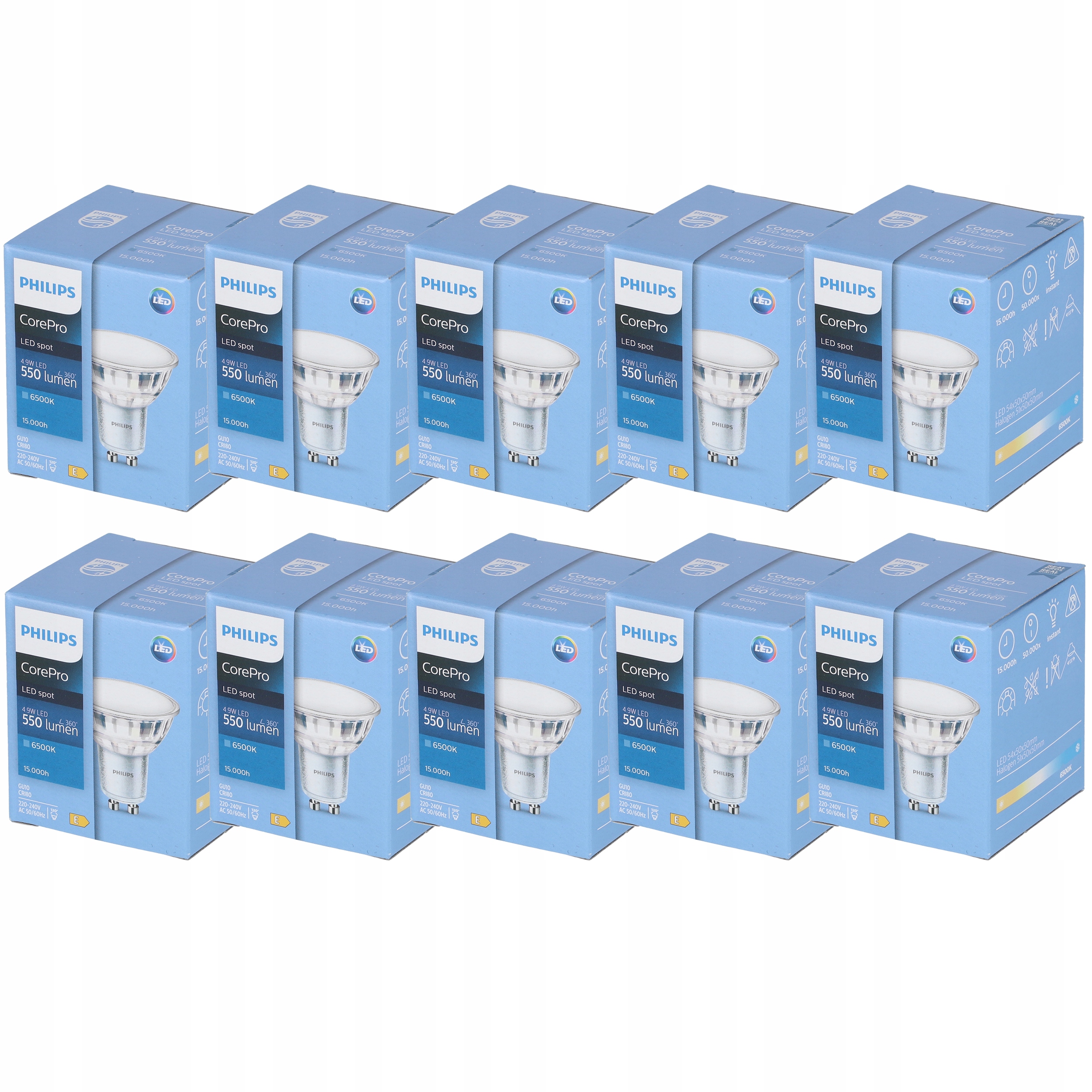 

10x Żarówka Led GU10 4,9W 6500K 120° 550lm Philips