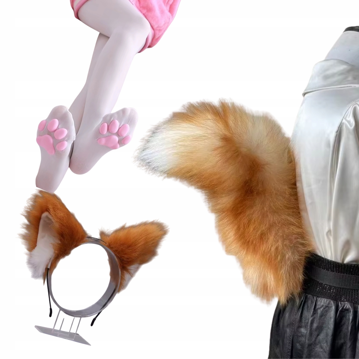 Sada Kostým Kožešinový Ocas Uši Zavinovačky Kočka Liška Cosplay Furry Rudá