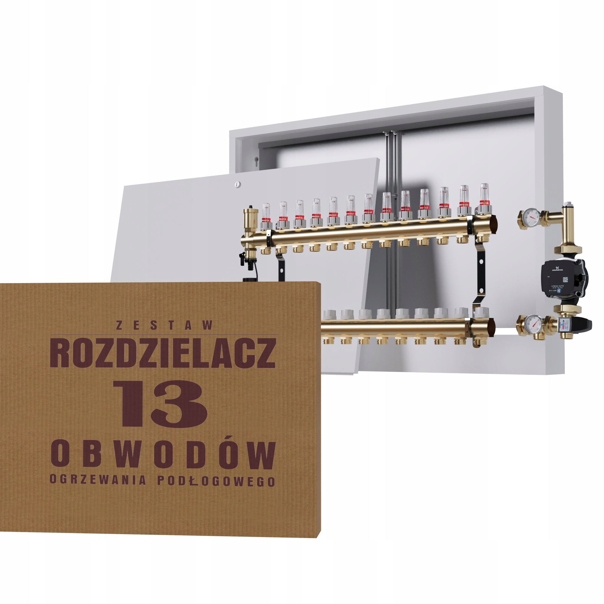 Rozdělovač pro podlahu 13 okruhů s čerpadlem Grundfos nástěnná skříňka