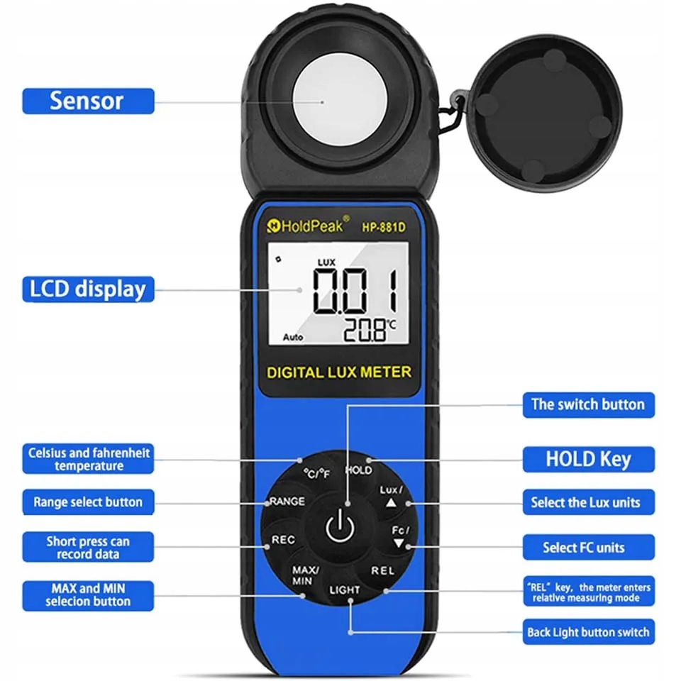 Cyfrowy miernik natężenia oświetlenia Holdpeak HP-881D Marka bez marki