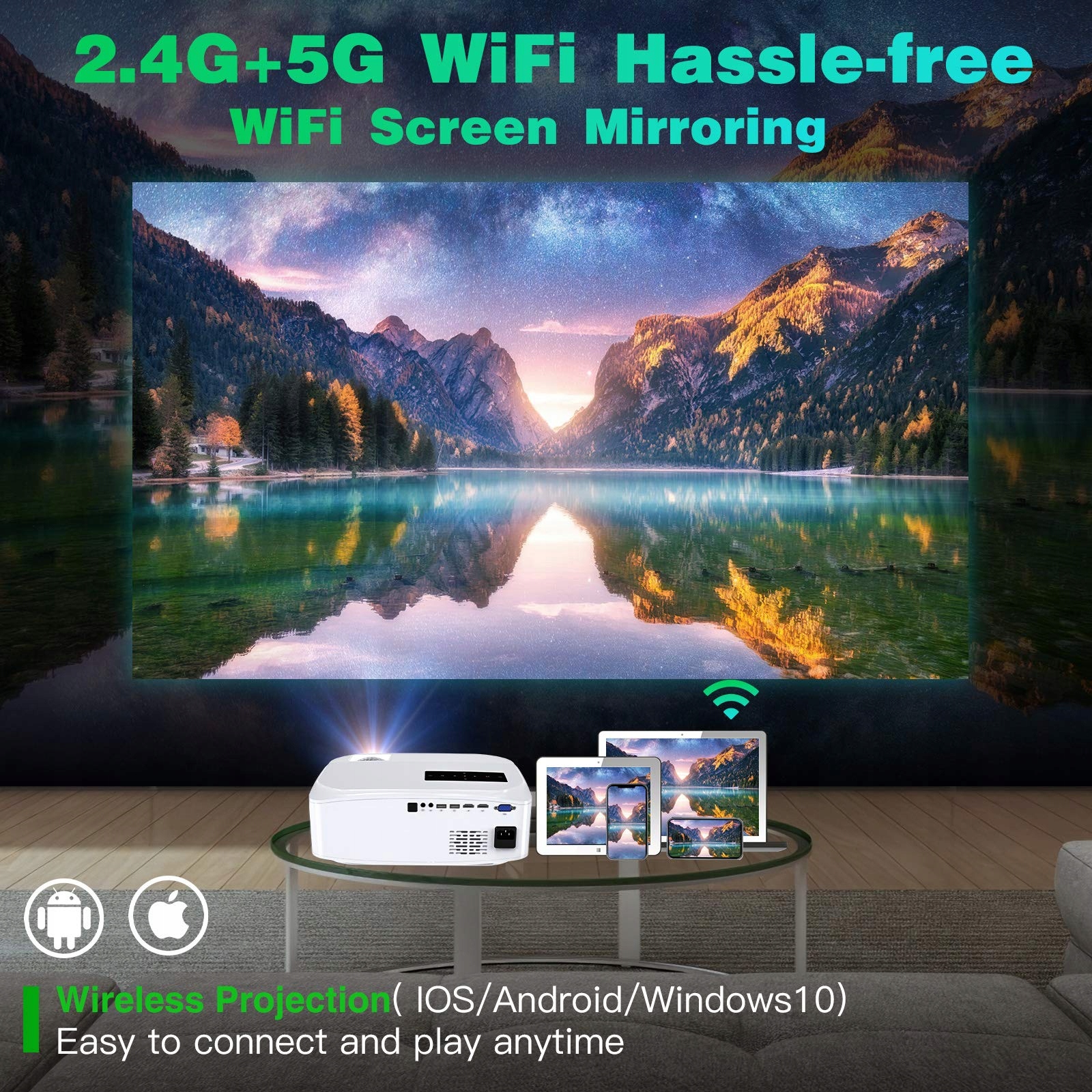 Projektor WiFi, 1080P, Obsługa 4K, Obsługa WiFi 5G, 9500 lumenów EAN (GTIN) 6977014911353