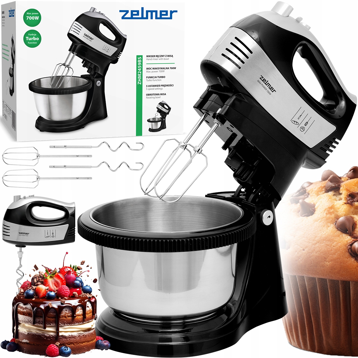 Mikser Ręczny Zelmer Lekki Robot Kuchenny 4 Końcówki Z Misą 2,5L Turbo 700W