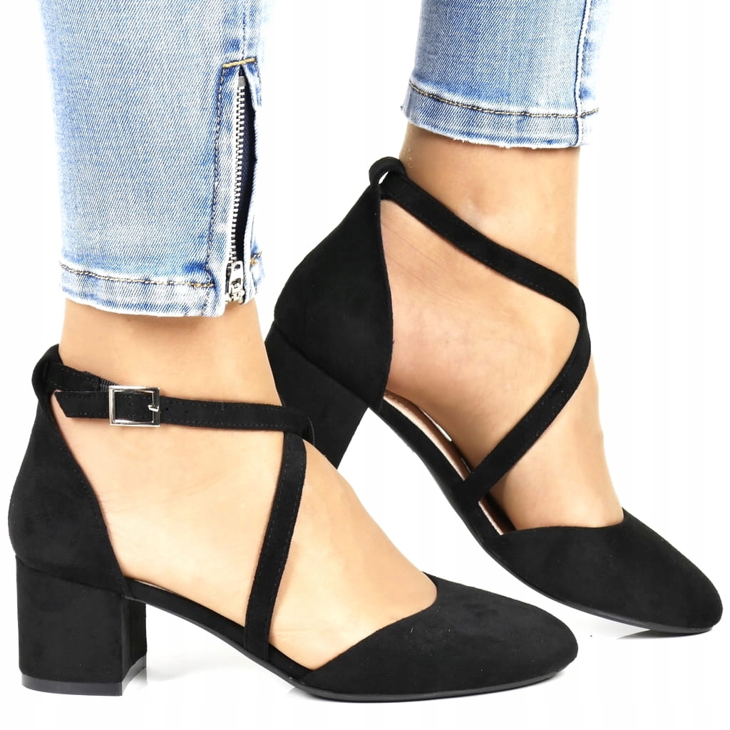 iButy DAMSKIE CZÓŁENKA BUTY NA NISKIM OBCASIE ZAPINANE NA KOSTCE CZARNE